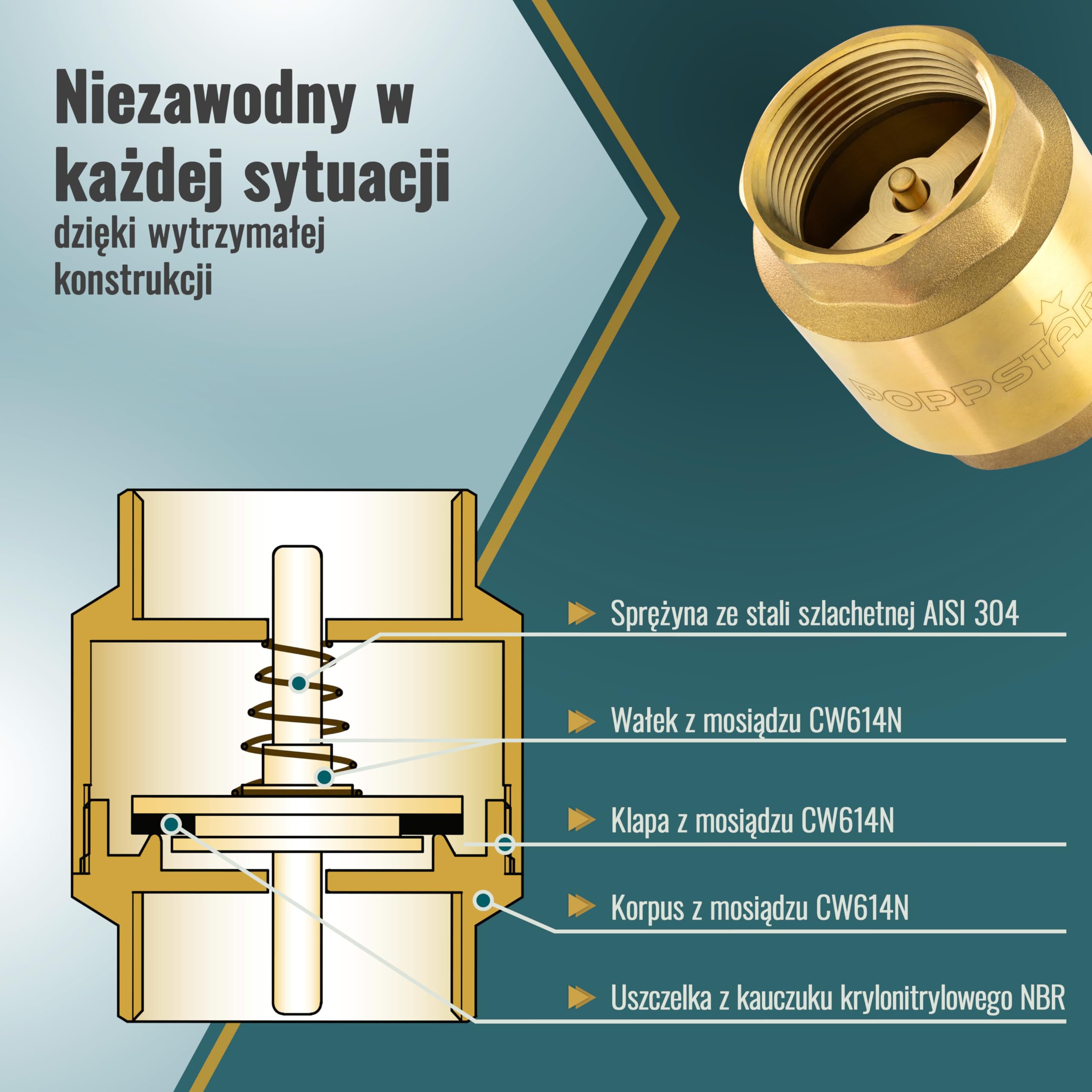 Poppstar zawór zwrotny 1 1/4 cala (mosiężny, nierdzewny i wodoodporny) do pompy lub pralki