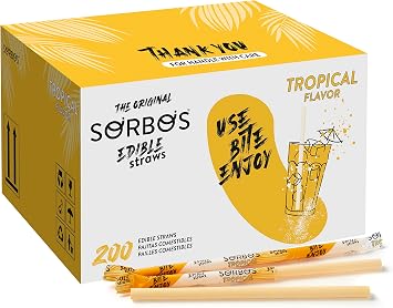 SORBOS Edible Straws, Tropical Flavored, Sustainable, Individually Wrapped, No Plastic, Allergens, Gluten, Eco Friendly, 7.4 inches long Pack of 200