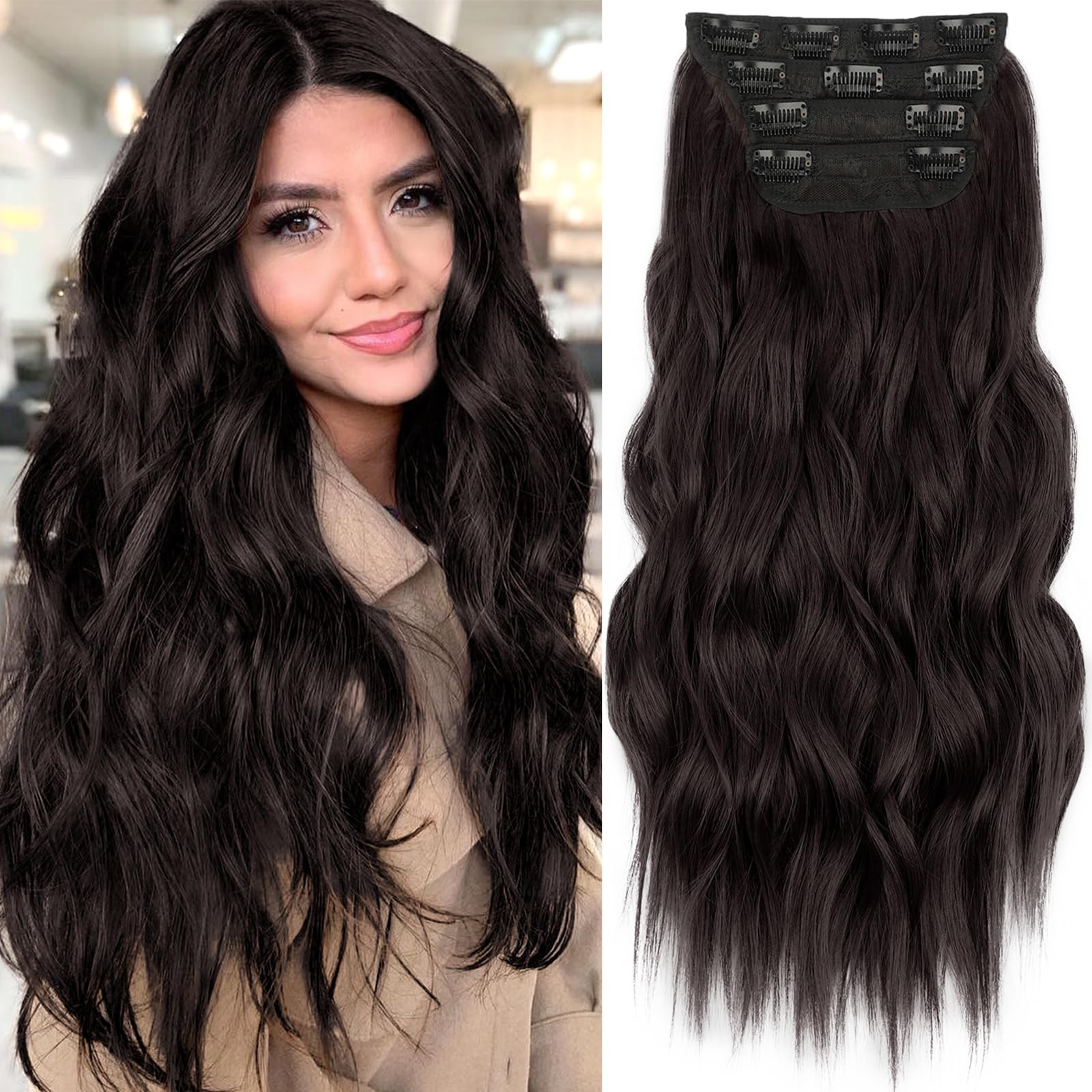KooKaStyle Clip in Long Wavy Synthetic Hair Extension 20 Inch 4PCS Dark Brown Hairpieces Fiber Thick Double Weft Hair Extension for Women