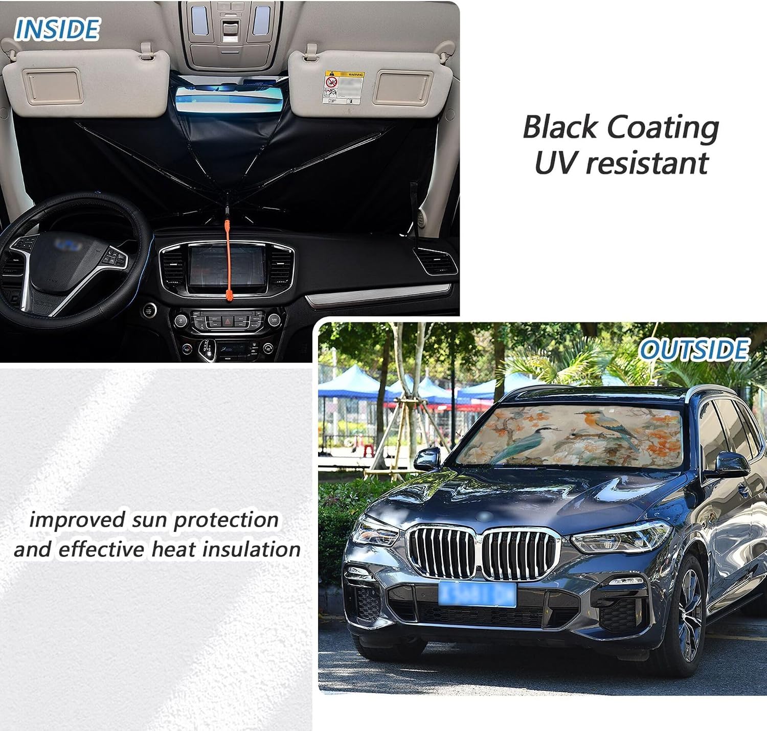 Car Umbrella Sun Shade Cover, Flowers and Birds Umbrella Sun Shade for Car Truck Window Front Windshield, Blocks UV Rays Sun Visor Protector Sun Heat Reflector to Keep Your Vehicle Cool