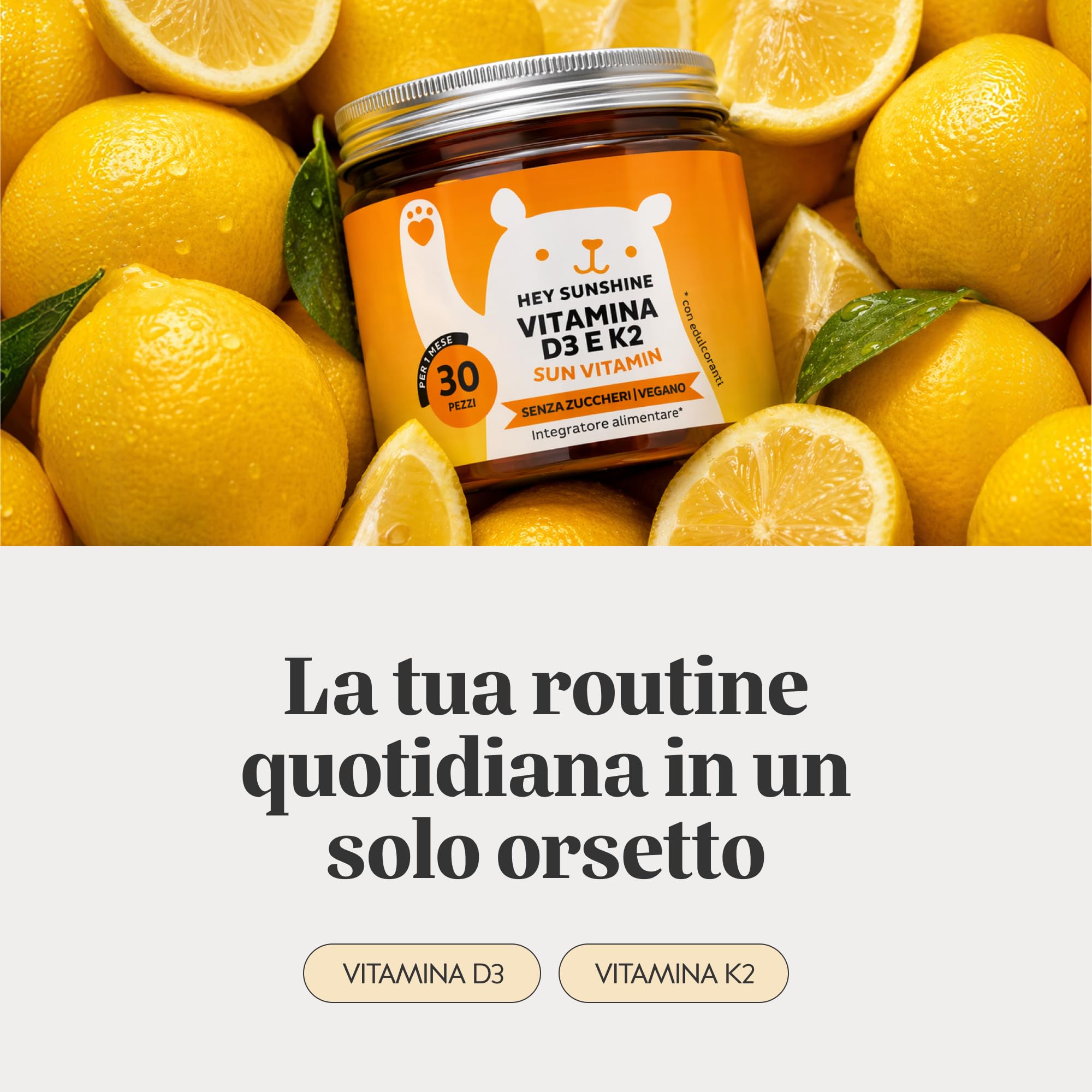 Vitamina D3 K2 - Hey Sunshine – Caramelle gommose con Vitamina D3 25 µg (1000 UI) e K2 – Funzione normale del sistema immunitario – 30 pezzi (1 mese) – Senza zucchero, Vegane – Bears with Benefits