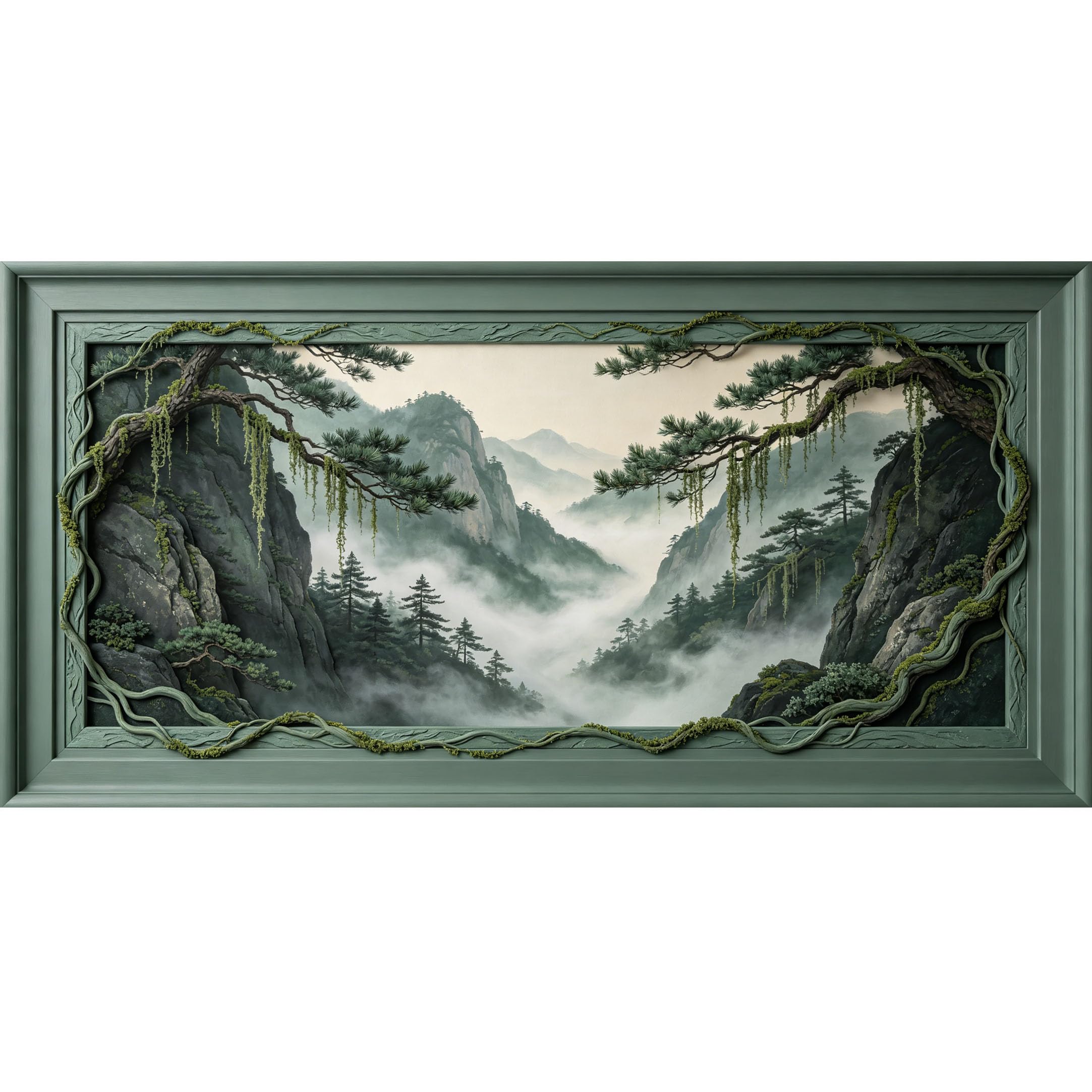 Agglomerix 3D Framed Wall Art Mist Mountain Pine Tree Landscape Zen Nature Relief Effect Large Size SelfAdhesive Removable Wall Decor Prints Artwork for Living Room Bedroom Office