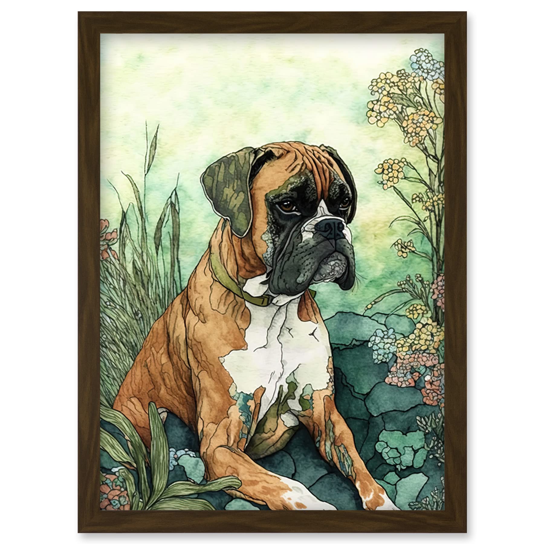Artery8 Boxer Dog in Flower Field Colourful Watercolour Illustration Artwork Framed Wall Art Print A4
