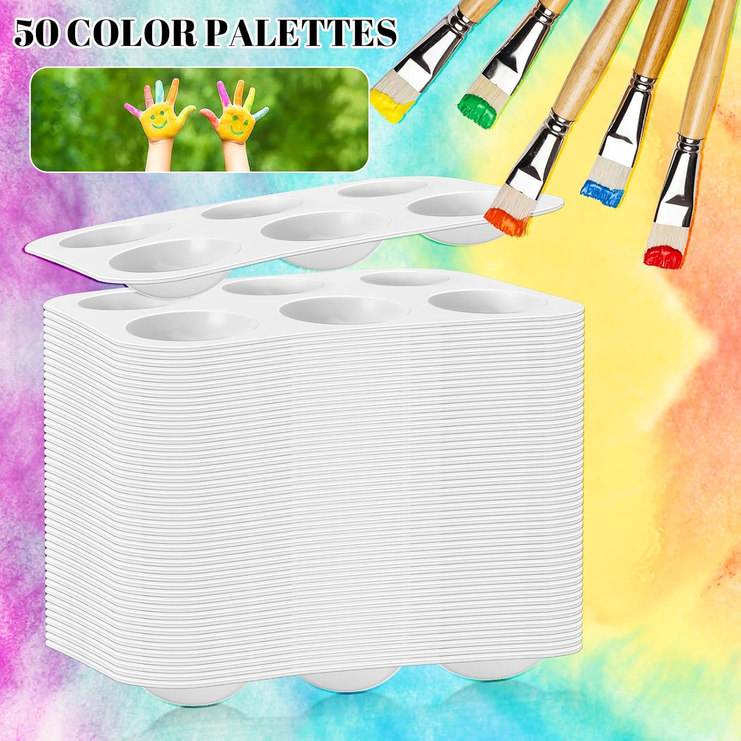 50 PCS White Plastic Watercolor Palette, 6 Well Rectangular Paint Palettes, Paint Tray Palettes, Paint Trays for Kids, for Painting, DIY Craft, Art Painting Class