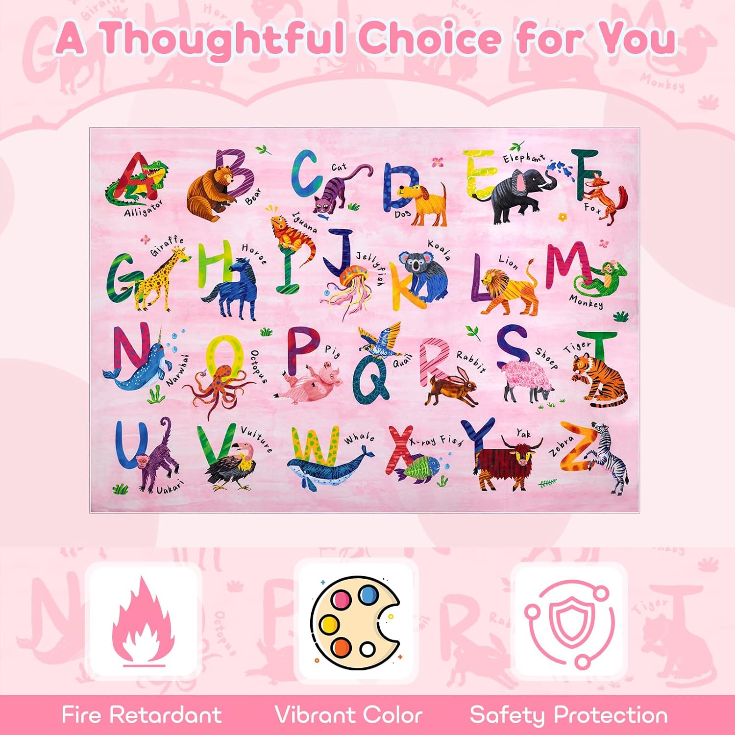 6x9 ABC Classroom Rug for Kids Playroom, Alphabet Rug with 26 Animals, Non-Slip Washable Kids Carpet, Educational Preschool Play Mat for Daycare, Nursery, Toddler Bedroom
