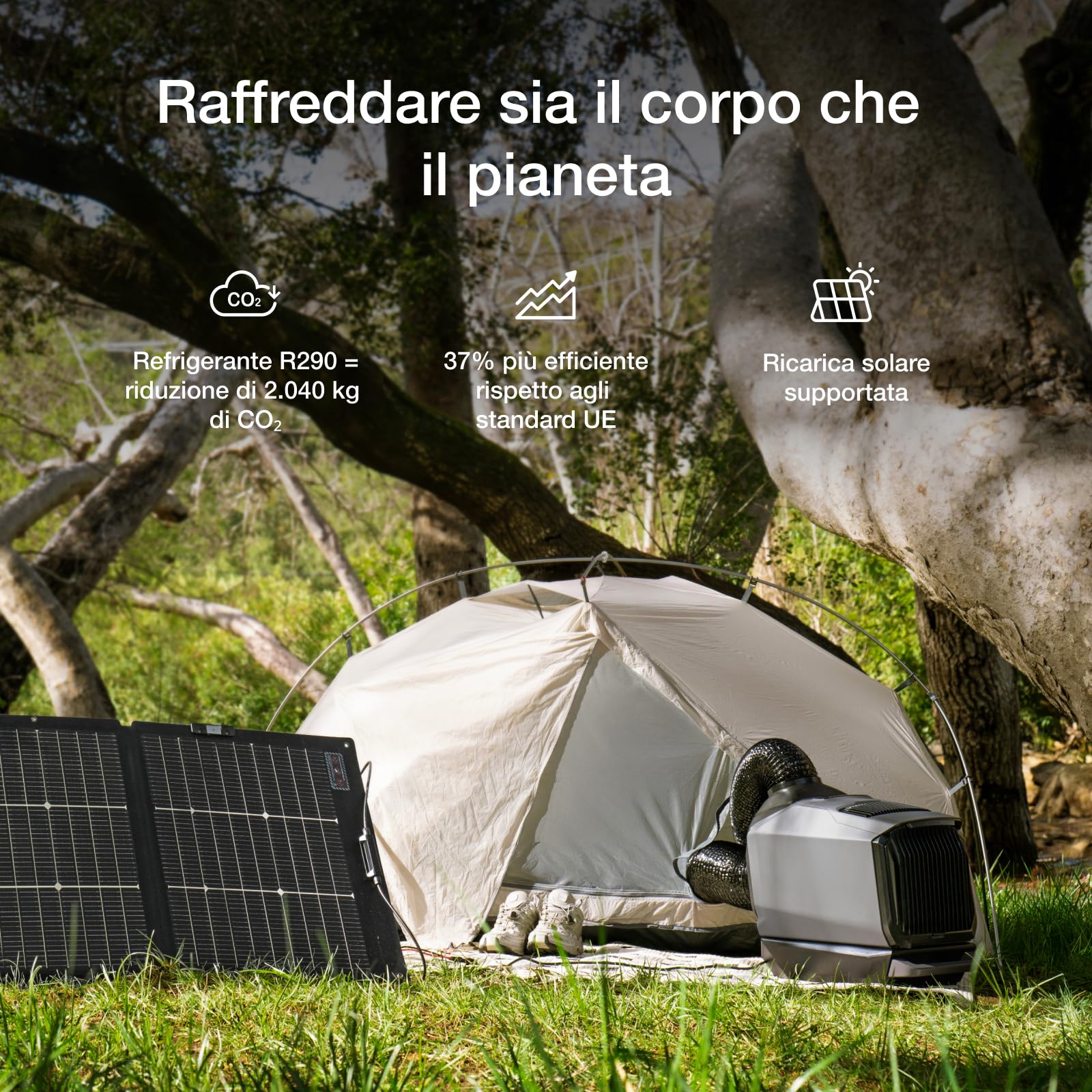 Climatizzatore portatile EcoFlow WAVE 3 con batteria aggiuntiva 1024 Wh, raffreddamento 1800 W, riscaldamento 2000 W, autonomia di 8 ore, controllo tramite app, ideale per campeggio, tende, camper