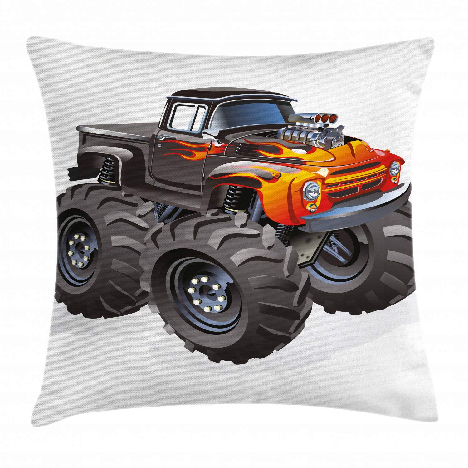Lunarable Cartoon Throw Pillow Cushion Cover, Vintage Race Themed Monster Truck Illustration on Plain Back Adventure, Decorative Square Accent Pillow Case, 40