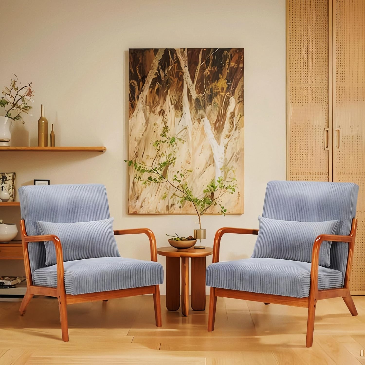 Corduroy Mid Century Modern Accent Chair Set of 2, Solid Wood Comfy Arm Chair with Lumbar Pillow, Upholstered Reading Chair for Lounge, Living Room, Reading Room, Bedroom (Grey)