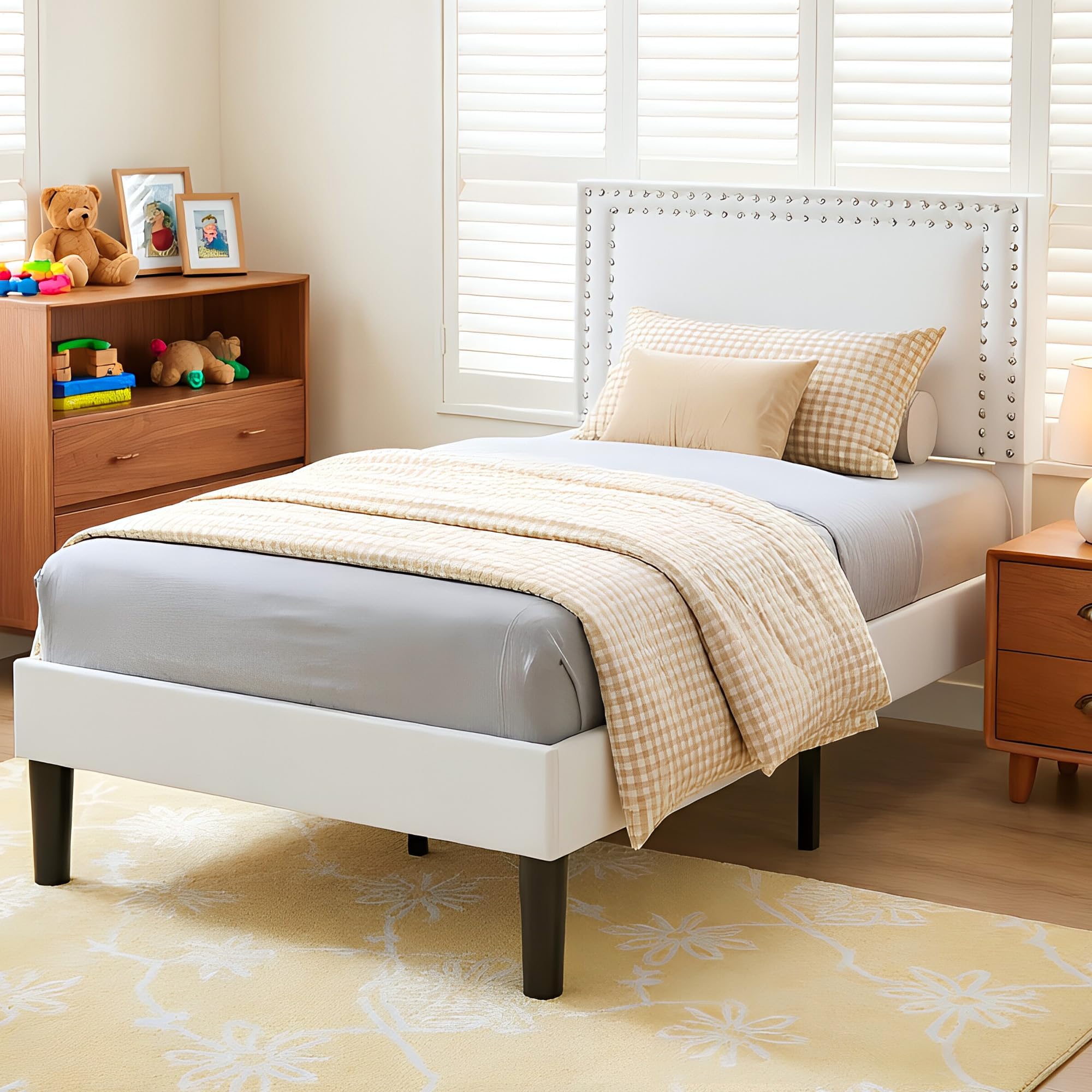 Twin Size Platform Bed Frame with Height Adjustable Upholstered Headboard, Modern Mattress Foundation,Strong Wood Slat Support, No Box Spring Needed, Easy Assembly,White