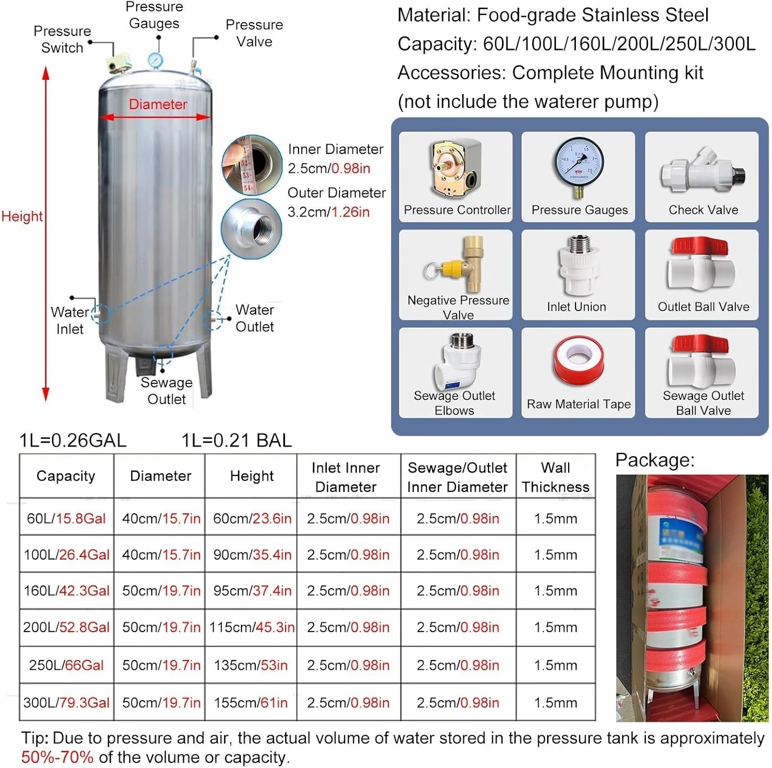 Well Pressure Tank Kit 80 65 50 40 25 16 Gallon, Large Vertical Pressurized Tanks for Kitchen/Shower/Toilet, 304 Stainless Steel Fully Automatic Water Storage System(60 L (15.8 gal))