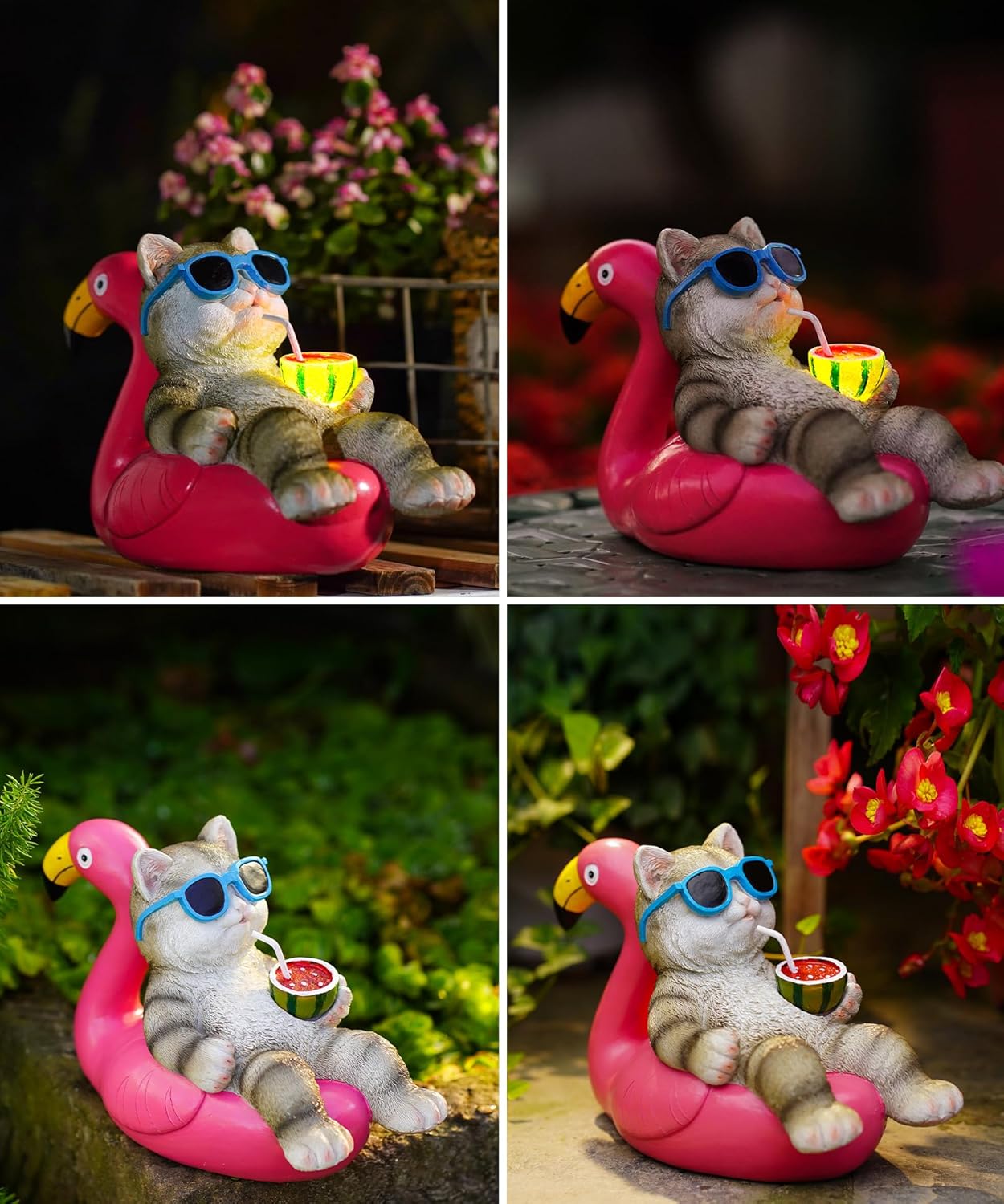 Nacome Cat Lying Flamingo for Garden Statue: Solar Outdoor Decor Figurine for Clearance Outside Lawn Ornaments Porch Patio Balcony – Gifts for Grandma Mom