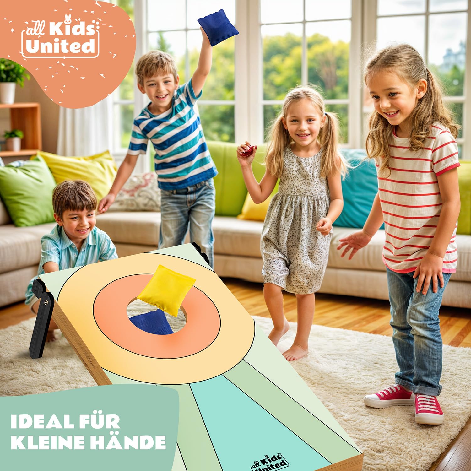 all Kids United® Mini Cornhole-Spiel für Kinder; Indoor & Outdoor Geschicklichkeitsspiel mit Sandsäckchen; Perfekt für Kinderzimmer, Garten und Partys – Fördert Zielgenauigkeit & Spielspaß