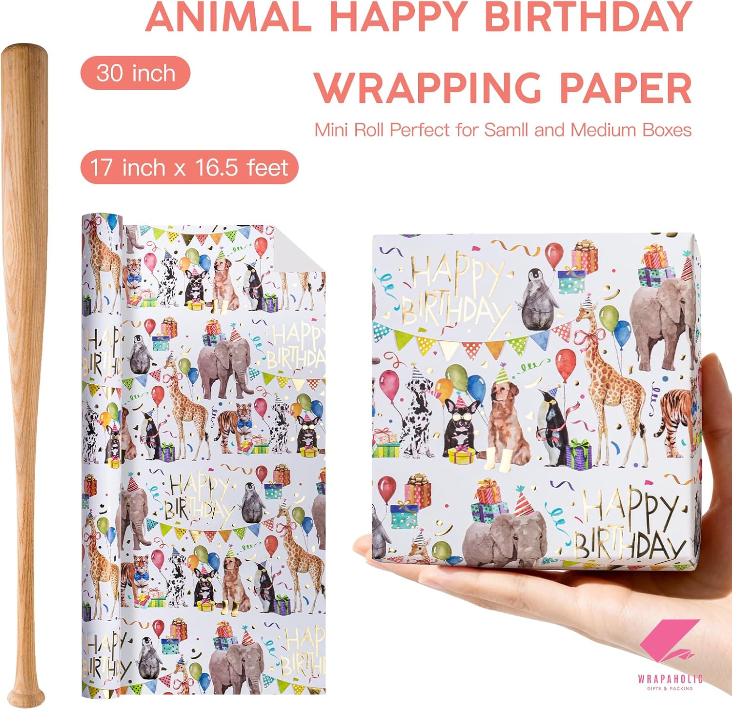 WRAPAHOLIC Animal Birthday Wrapping Paper Roll - Mini Roll - 17 Inch x 16.5 Feet - Gold Foil Happy Birthday and Adorable Animal Wrapping Paper for Kids Boys Girls, Baby Shower image 3