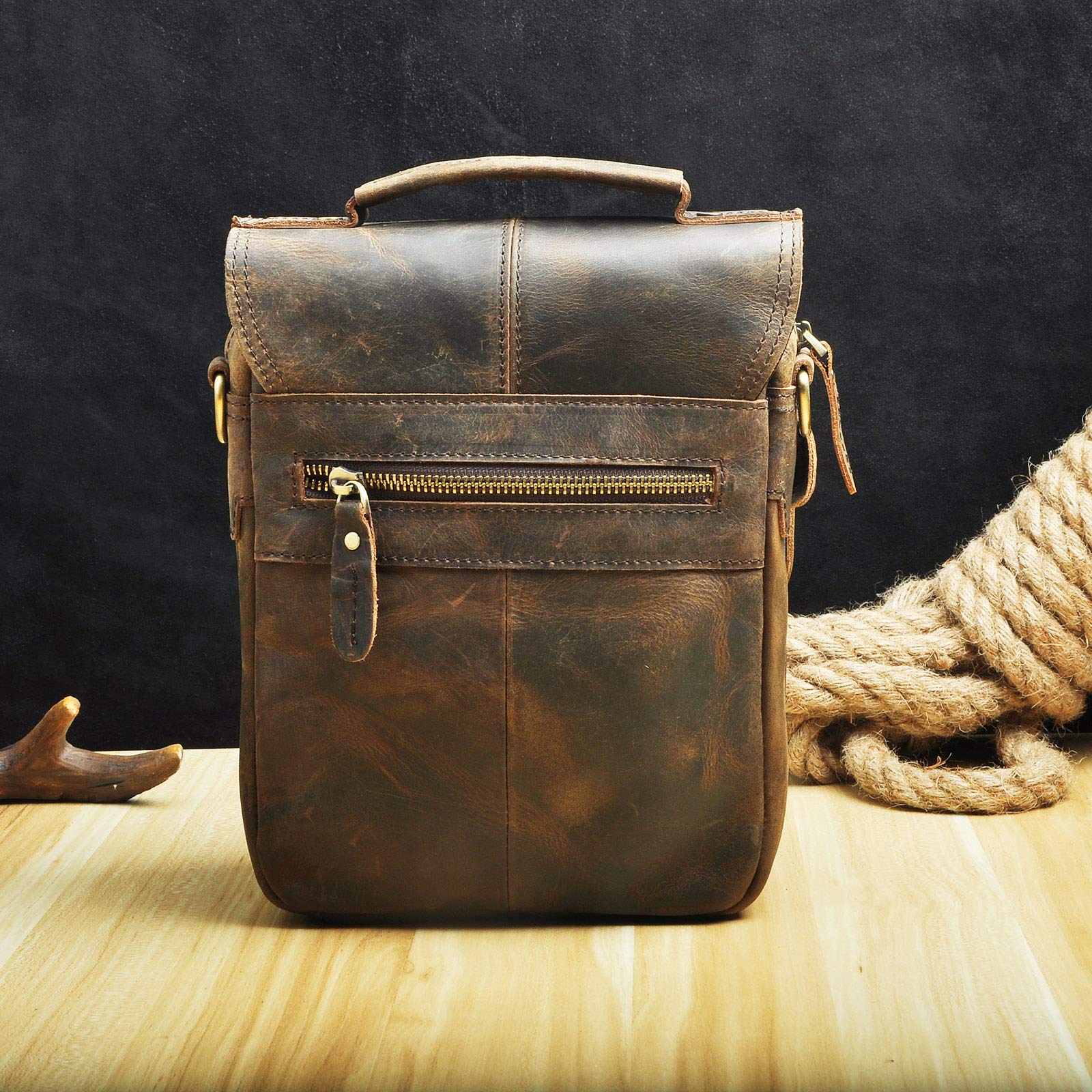 Le'aokuu Hombres Crazy Horse Piel Marrón Satchel Vintage Bolso cruzado Bolso bandolera Bolsa de mensajero 144 (144 A marrón)