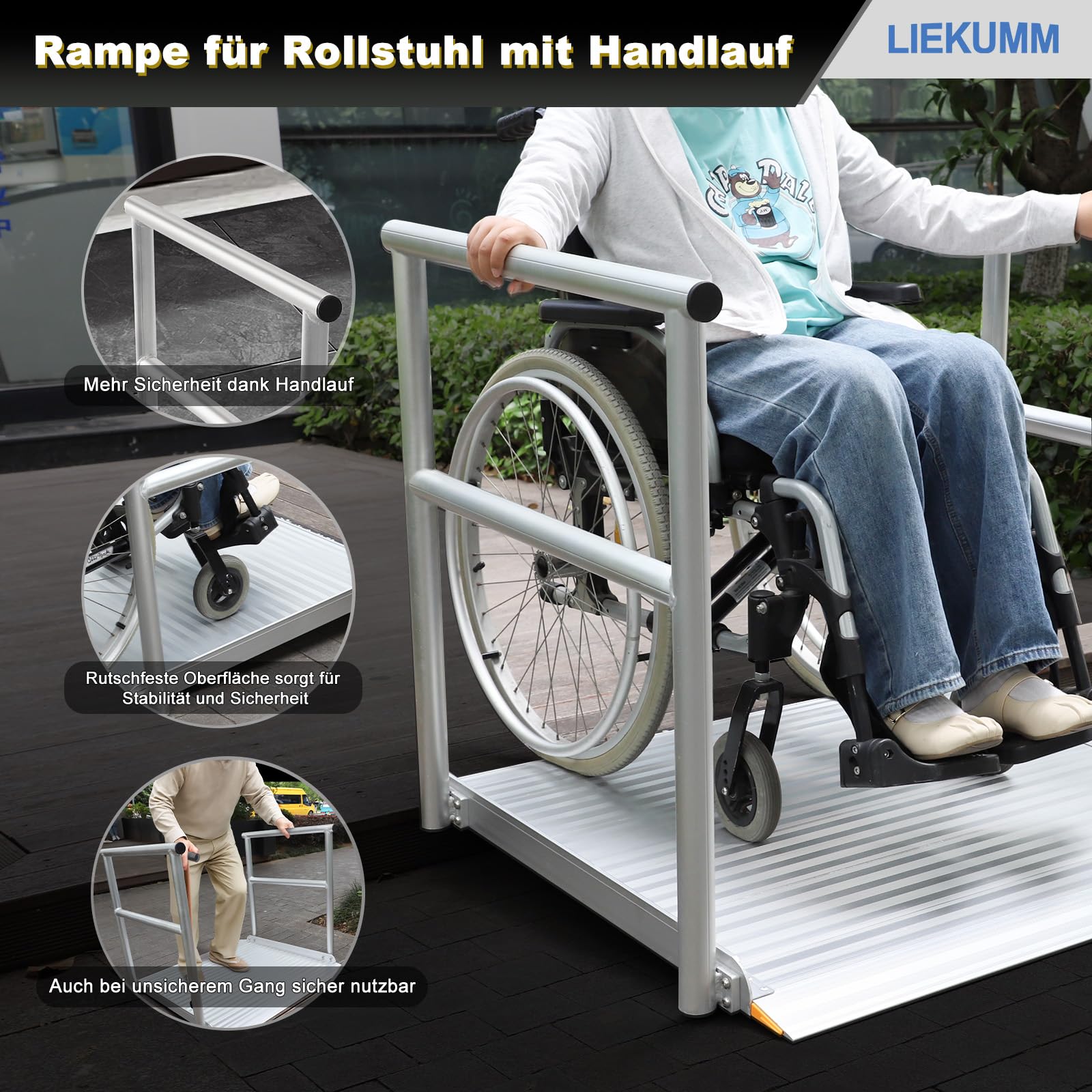 LIEKUMM Rollstuhlrampe mit Handläufen Alu, 91 cm lang Türschwellenrampe | Rampe Rollstuhl Extra Breite, rutschfest Schwellenrampe Für Bordsteinkanten, Scooter, Rollatoren , max. 23 cm Schwellenhöhe