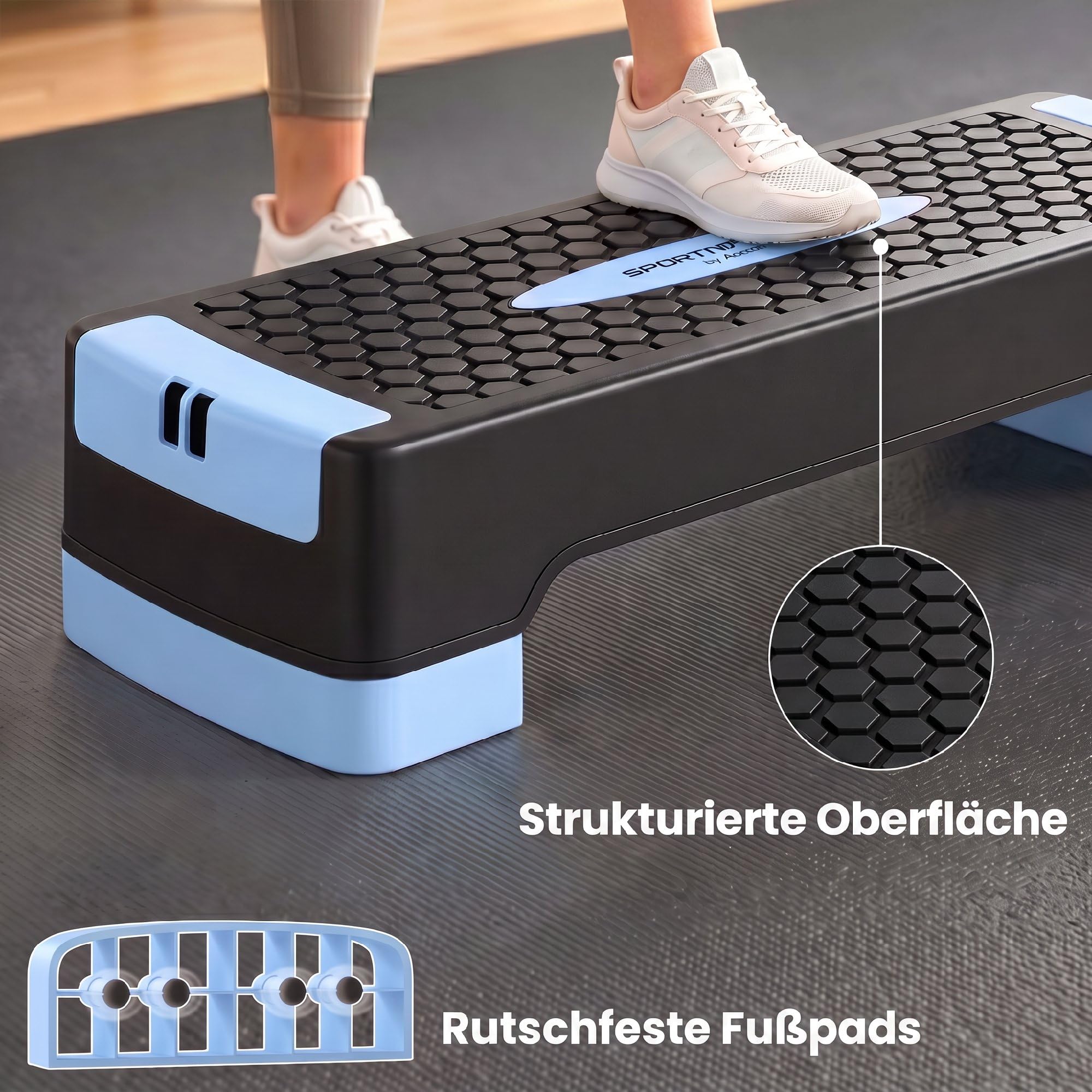 SPORTNOW Step z regulacją wysokości, fitness, 2 stopnie (11/16 cm), niebieski | Stepper aerobowy, 2 taśmy oporowe, mata antypoślizgowa, antypoślizgowa ławka do kroku, do domu, studia fitness, biura