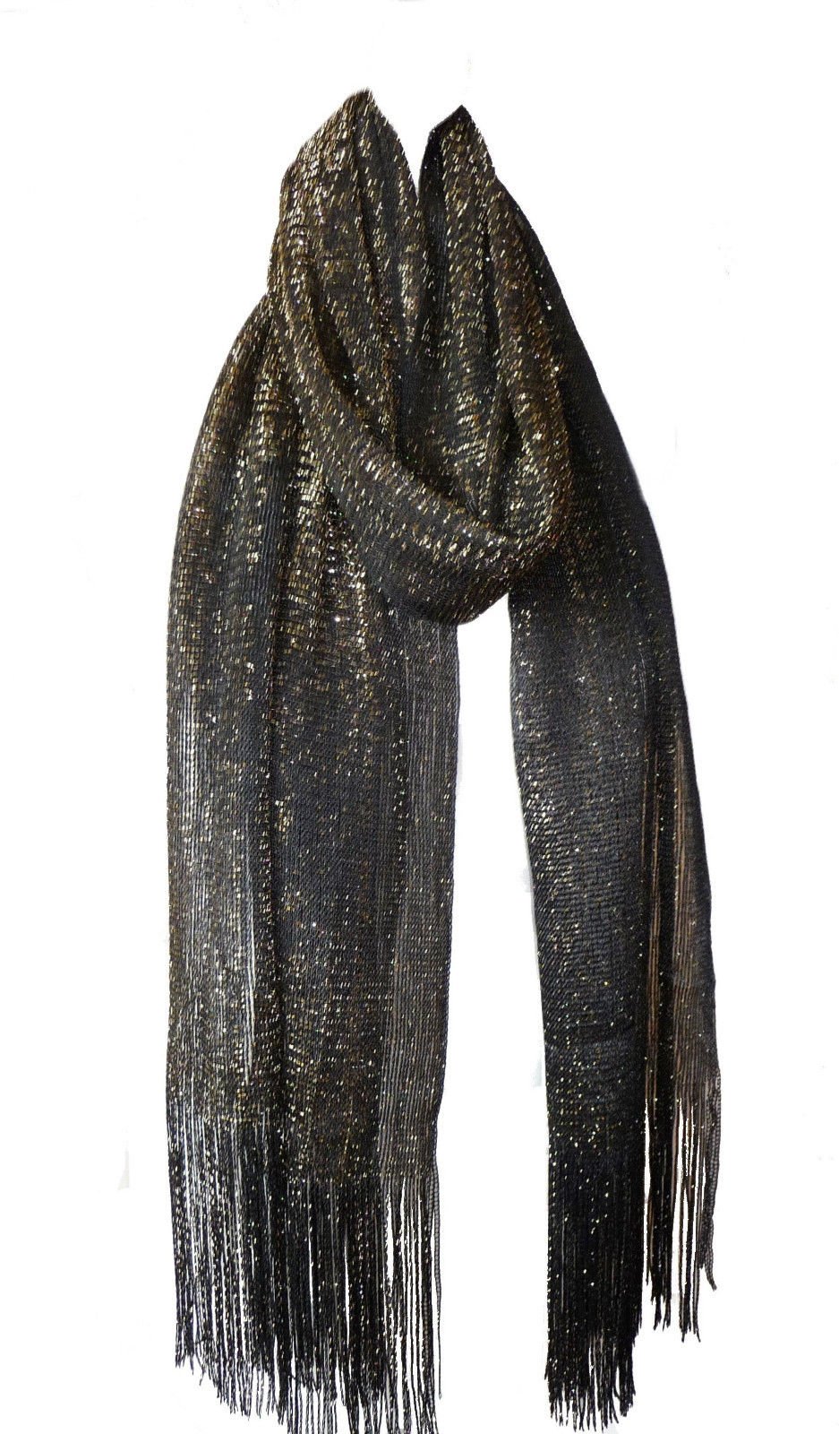 Mytoptrendz Women's Black / Gold Mytoptrendz® Sparkly Lurex Scarf With Fringe Metallic Net Shawl Evening Wrap Mesh Shimmer Pashmina Wedding Bridesmaid Wrap Formal Dresses Cover-Up For Parties,Promfringe (Gold) Bkg