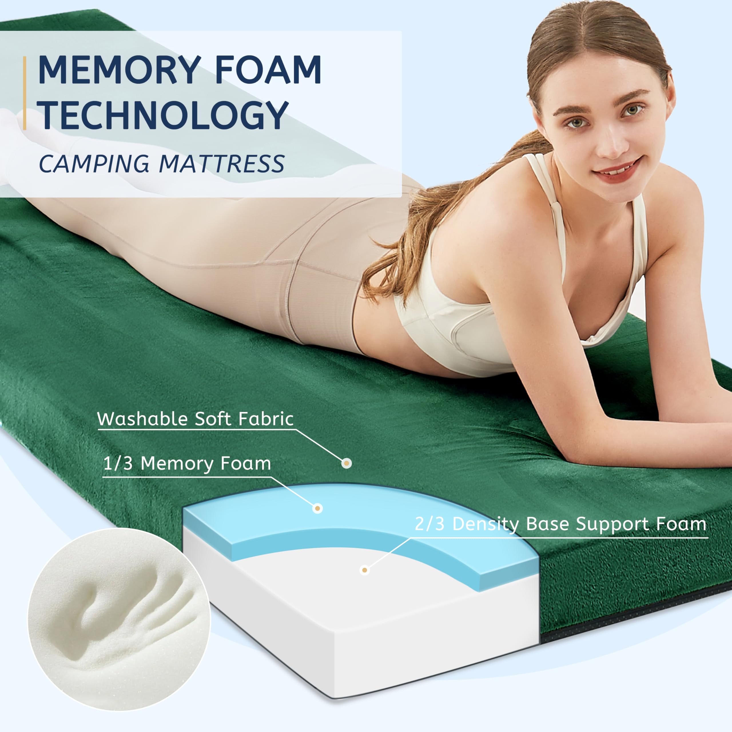HomeMate Memory Foam Camping Kid Mattress Pad Mat-Sleeping Pad Mat Portable Roll Up Travel Mattress CertiPUR-US for Adults-Camping Bed for Guests Floor Tent Sleepover with Waterproof Cover Travel Bag