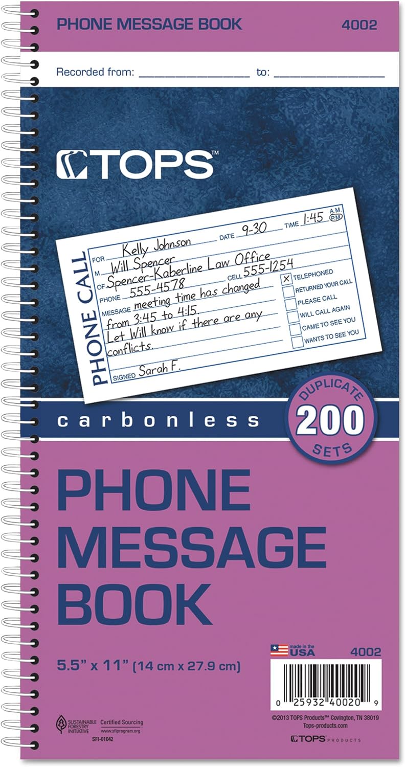 TOPS Phone Message Book, Carbonless Duplicate, 4 Messages per Page, 200 Set per Book (4002)