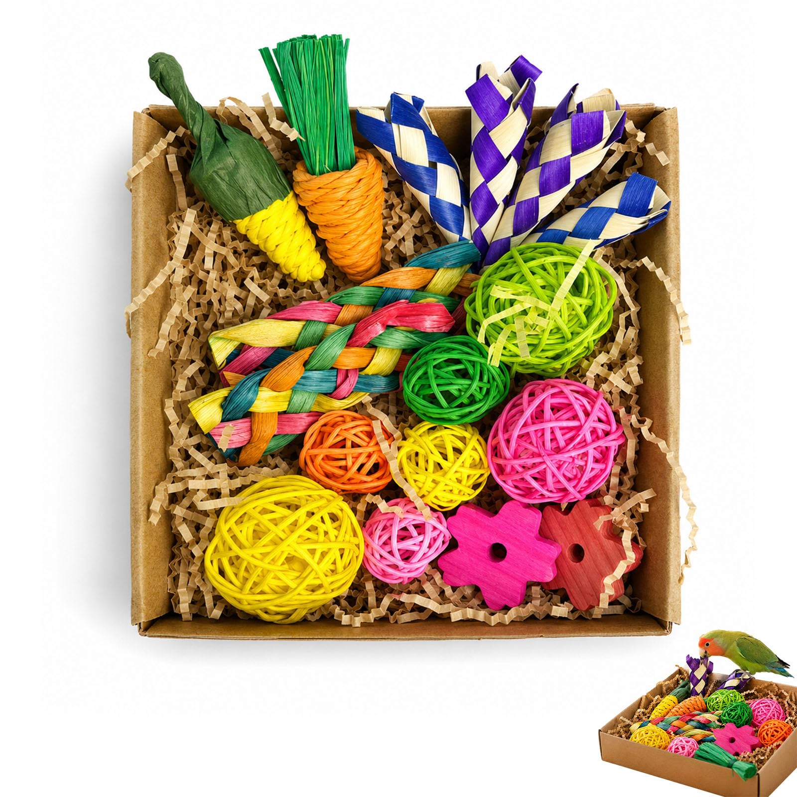 13 Pcs Budgie Toys, Bird Foraging shredding Toys Box with Colorful Paper
