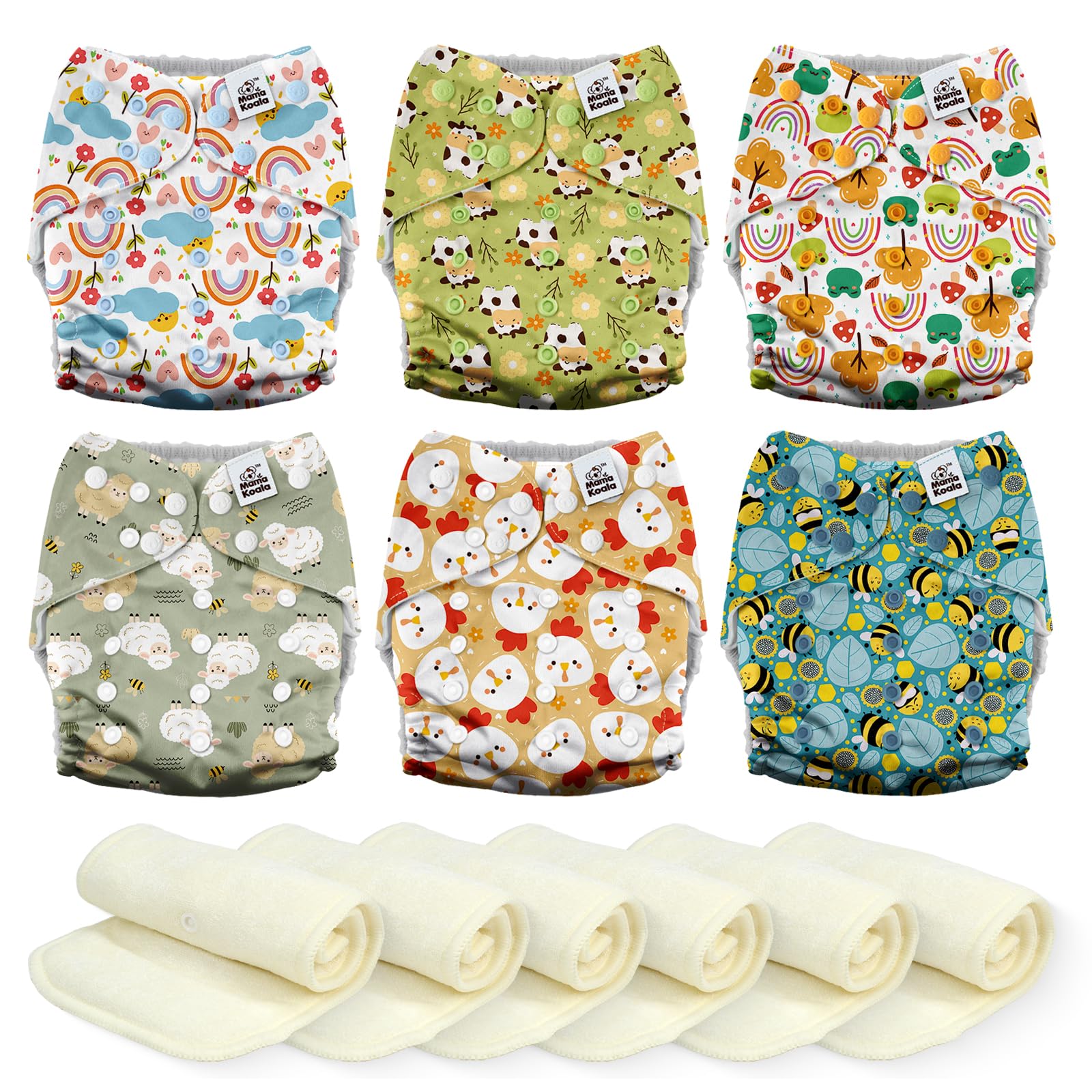 Mama Koala 6 Pack Reusable Cloth Diapers 3.0 for Babies Girls Newborn, One-Size Adjustable Baby Diaper, Durable Stitching, Back Opening for Inserts, Breathable Awj Lining, Leak Prevention-Happy Farm