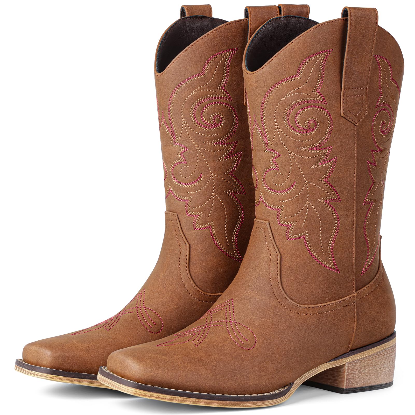 pasuot Western Cowboy Boots for Women - Square Toe Mid Calf Cowgirl Boots, Low Chunky Heel Country Boot with Classic Retro Embroidery Pull On for Ladies Rodeo Festival Concert Daily Outfits-picture-49