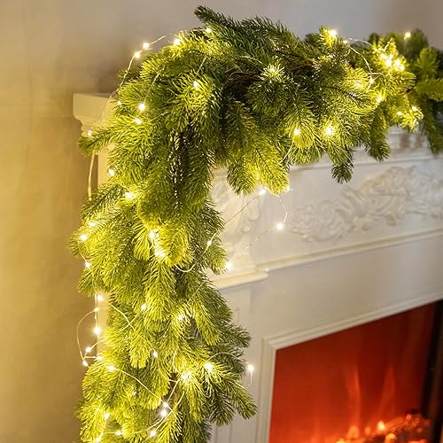 Miniatura 3 de PARTY JOY Guirnalda de pino de Navidad de 6 pies con cadena de luces LED de 9.8 pies, planta verde para decoraciones de Navidad, mantel de mesa,