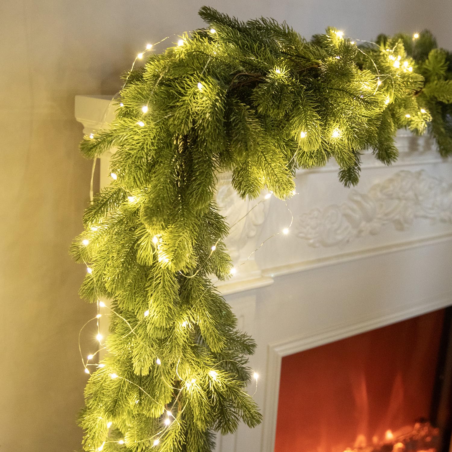 6FT Christmas Garland PARTY JOY Pine Garland with 9.8FT LED String Lights, Greenery Plant for Christmas Decorations Table Mantle Background Wall Room Outdoor Indoor Winter Decoration
