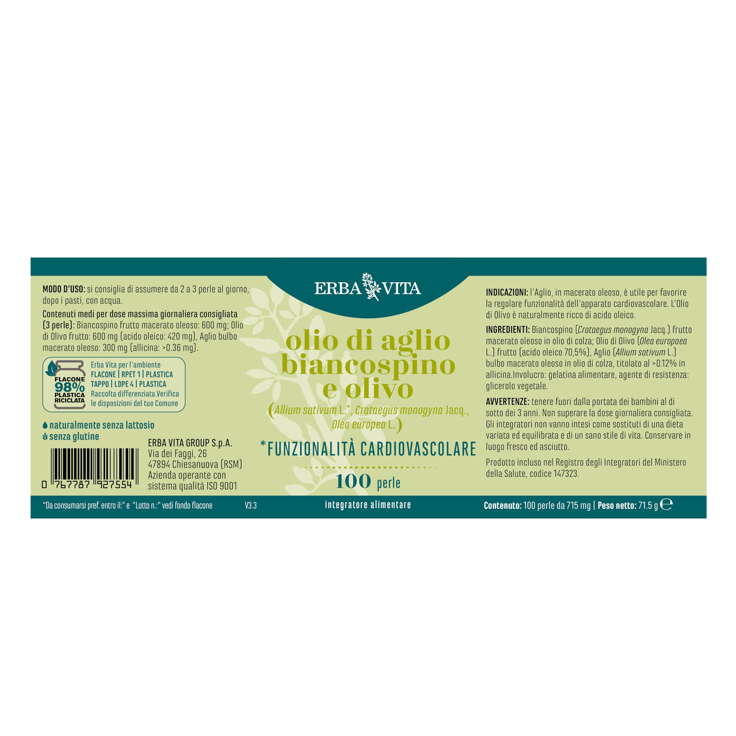 Erba Vita Integratore alimentare di olio di Aglio, olio di Biancospino e olio di Olivo - 100 Perle