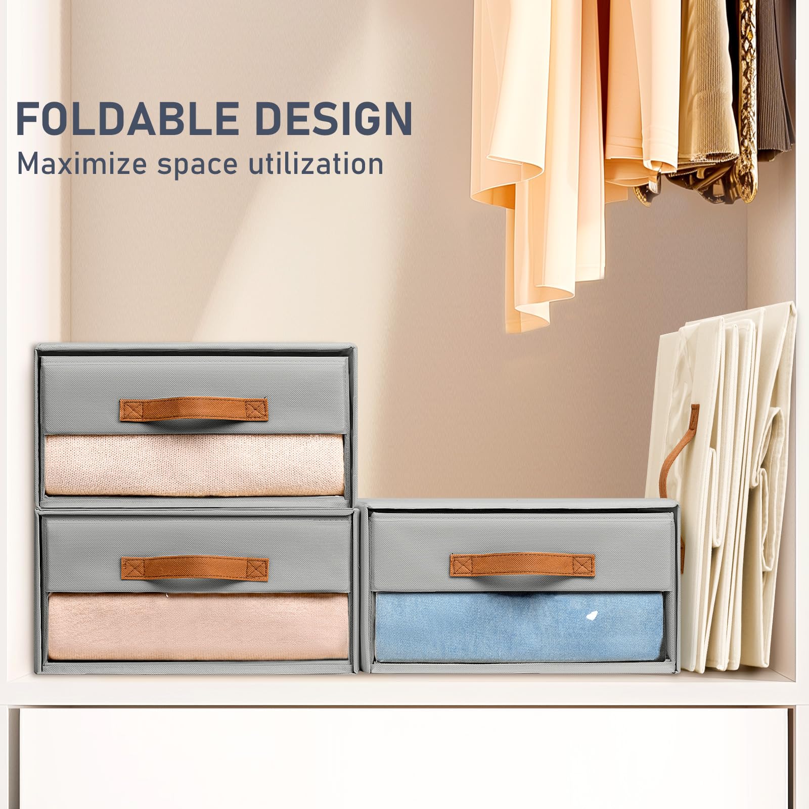 DIMJ Cajones Sistema de Organización Cajas de Cajones - Juego de 4 Cajas de Almacenamiento Plegables con Ventana 40 x 32 x 17 cm Organizador Cajón, Armario Organizador para Armario, Gris