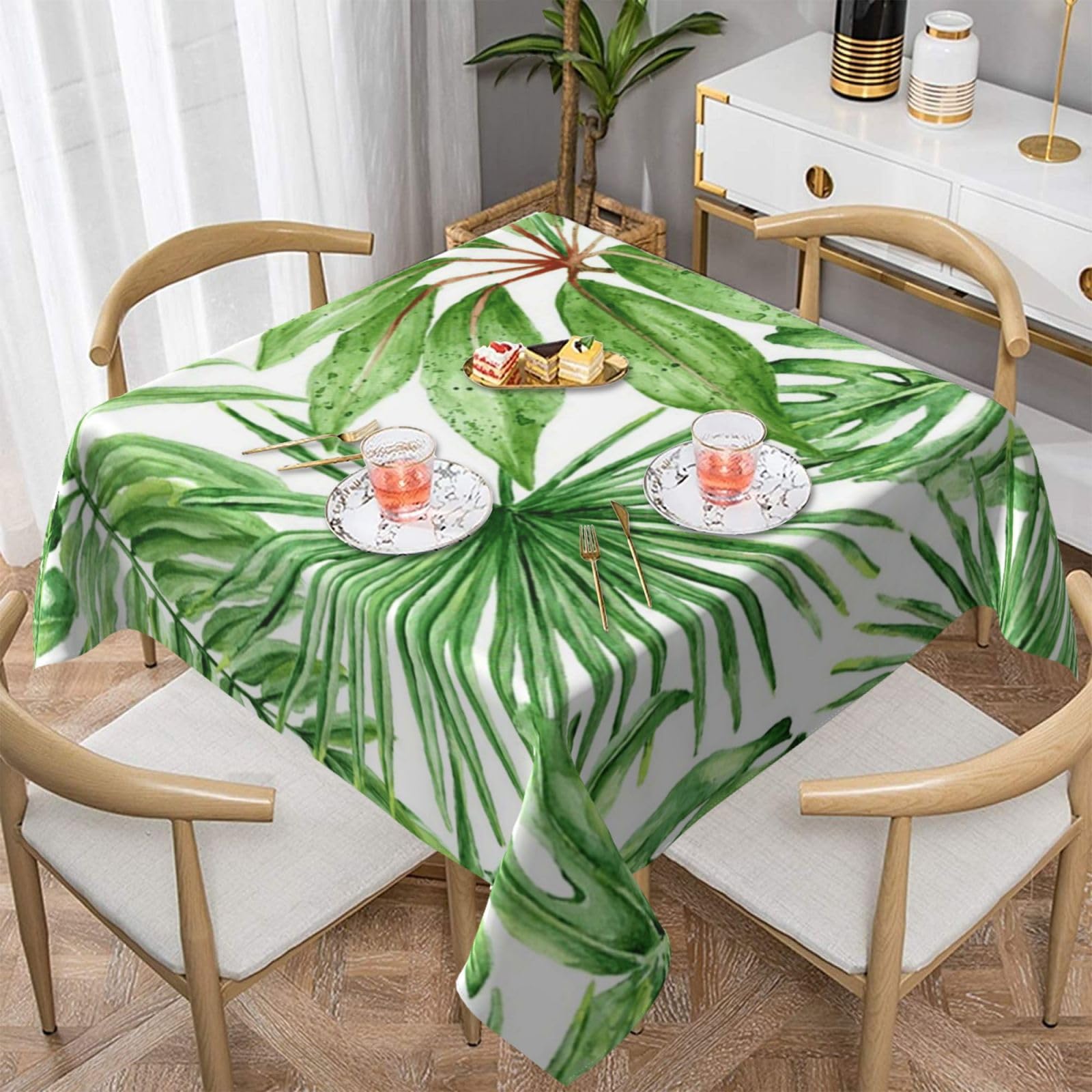 DCEHGEW Tropical Palm Banana Leaves Prints Square Tablecloth 152x152 CM, Waterproof Fabric Table Cloth for Dining Table, Farmhouse Table Cover for Kitchen Dining Tabletop Decoration