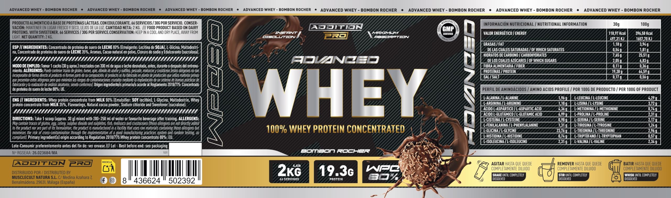 Advance Whey Protein - 100% Concentrado de Proteína de Suero de Leche - Sabor Bombón Rocher - 2kg