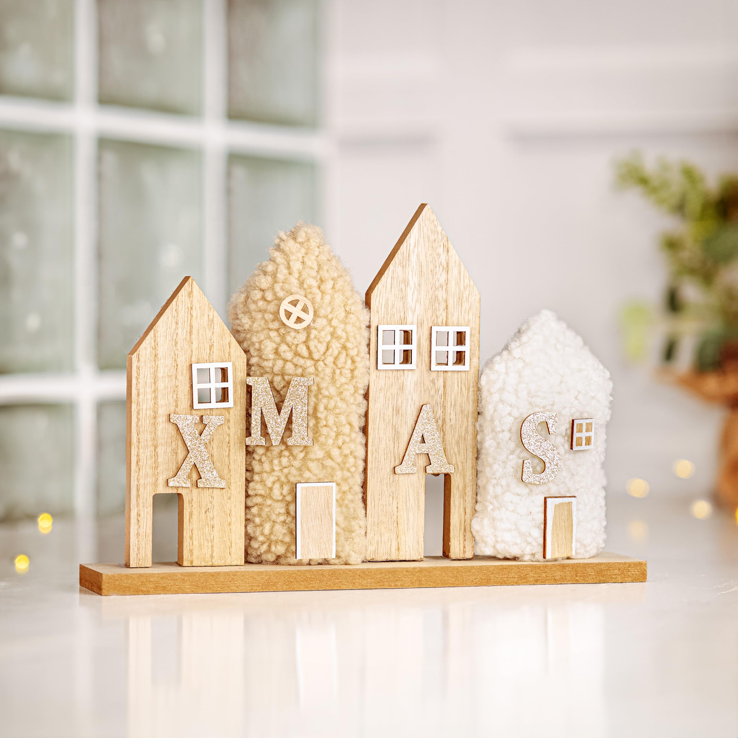 Marco Paul Interiors 22Cm Boucle Houses Marco Paul Wooden Christmas Decorations - 22Cm Christmas Village Scene Xmas Sign Table Decorations Sign For Home, Table, Window Decor (Xmas Boucle Houses)