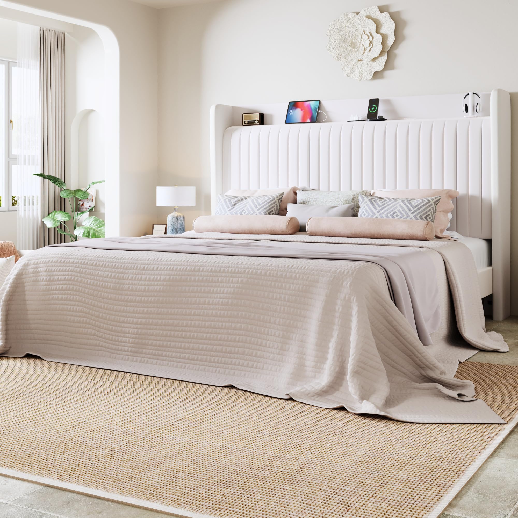 Allewie Queen Size Platform Bed Frame with USB Charging Station and Storage Shelf/Upholstered Velvet Wingback Headboard/Wooden Slats Support/No Box