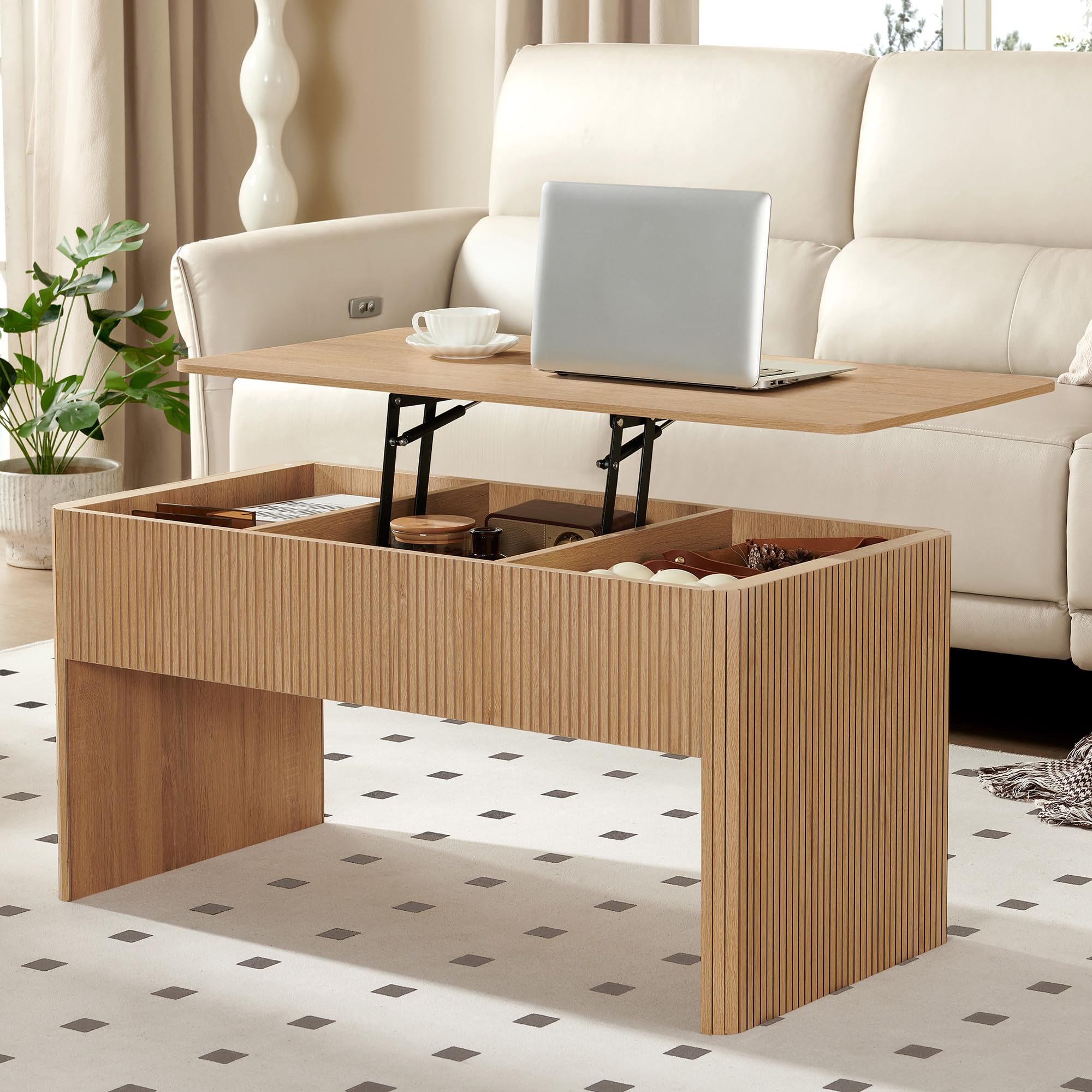 ORRD Fluted Lift Top Coffee Table Farmhouse Coffee Table with Hidden Compartment Rising Top Center Table with Storage