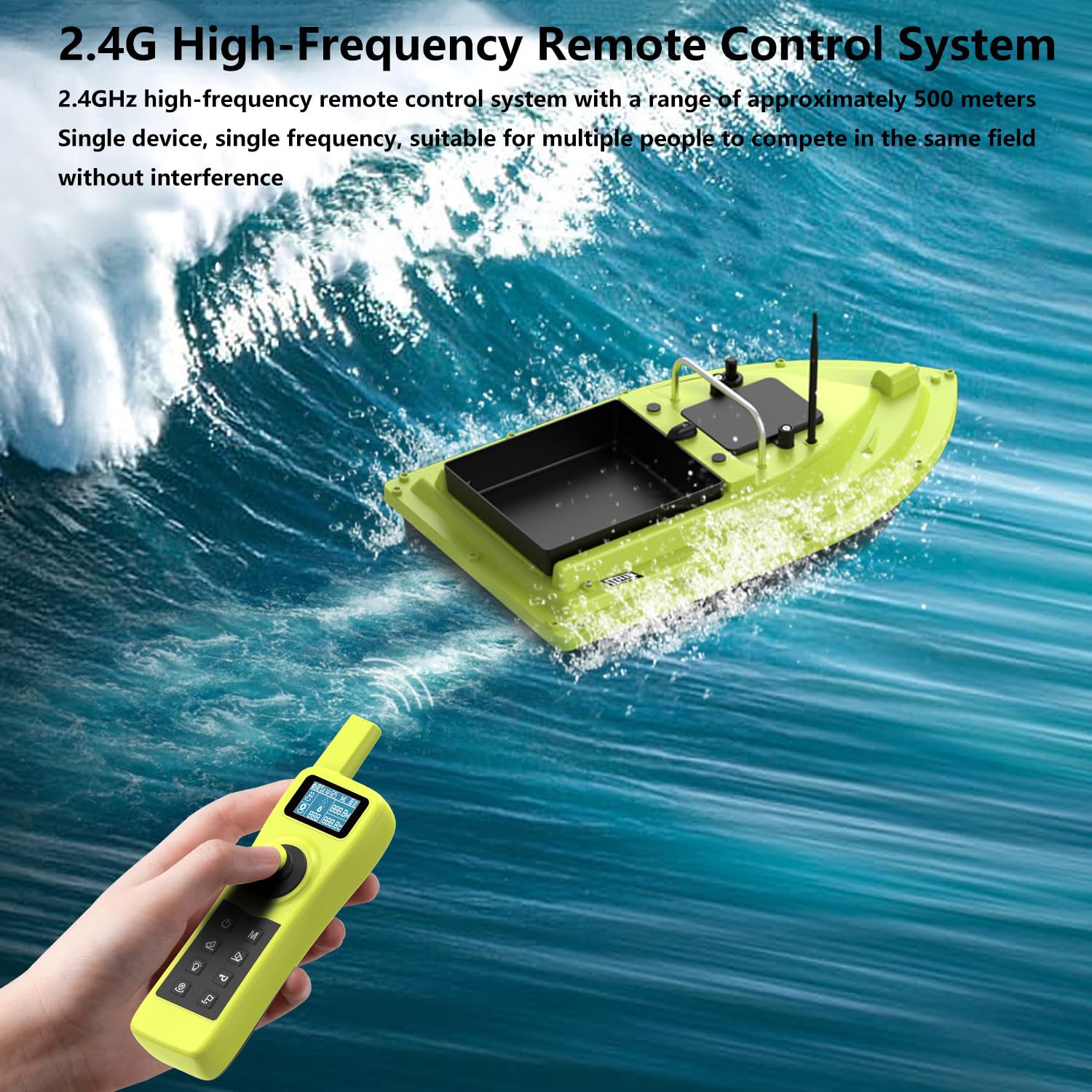 Barco de Pesca con Cebo Inteligente con posicionamiento GPS, Que Mide la Temperatura y la Profundidad del Agua, Retorno automático, Control Remoto de 500 m, Carga de 25 kg.