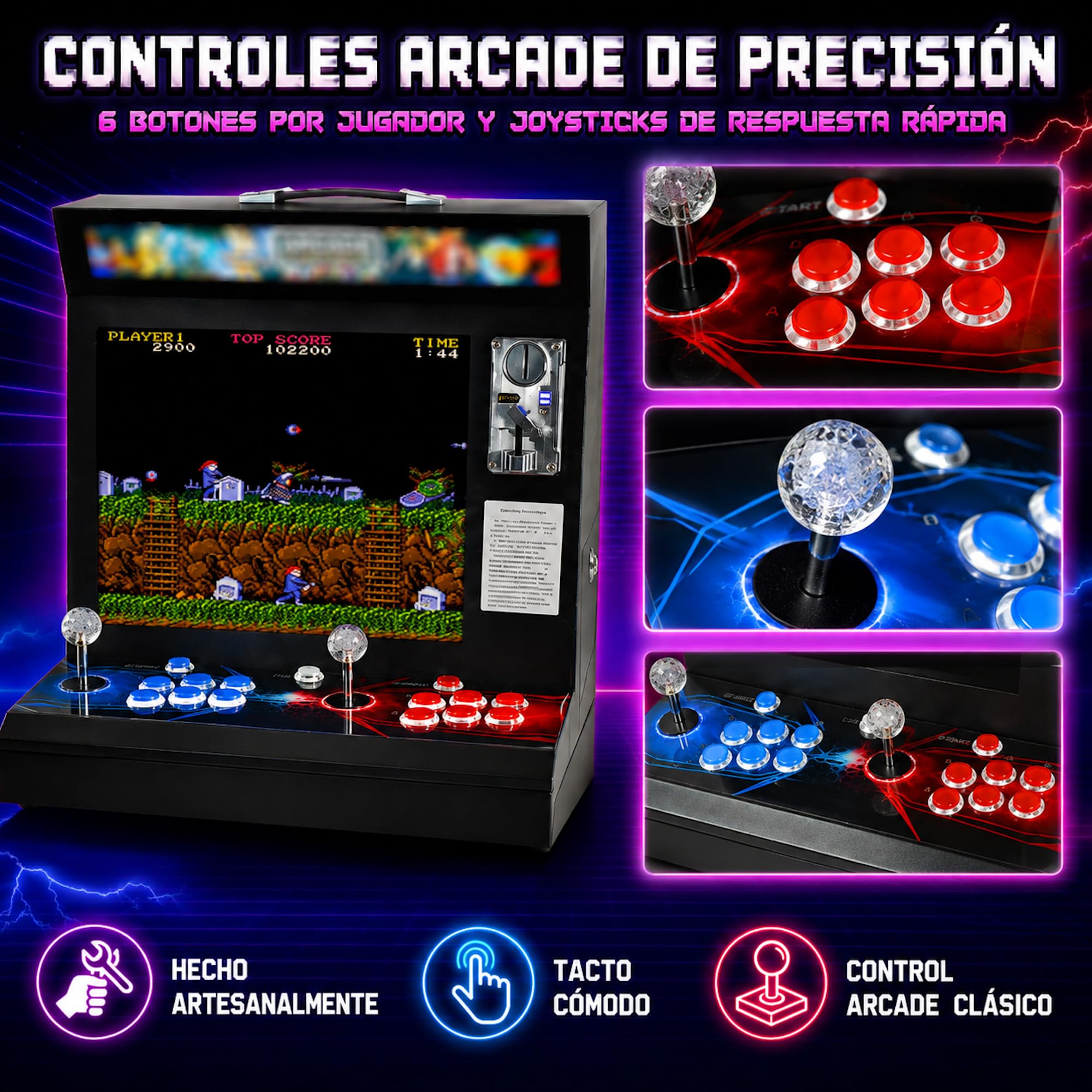 Máquina Arcade Tipo Bar Top 17” 4:3 | 9.800 Títulos Retro y 3D | 2 Jugadores con 6 Botones y Joysticks Arcade | Altavoces y Monedero Integrados | Compatible con hasta 4 Jugadores