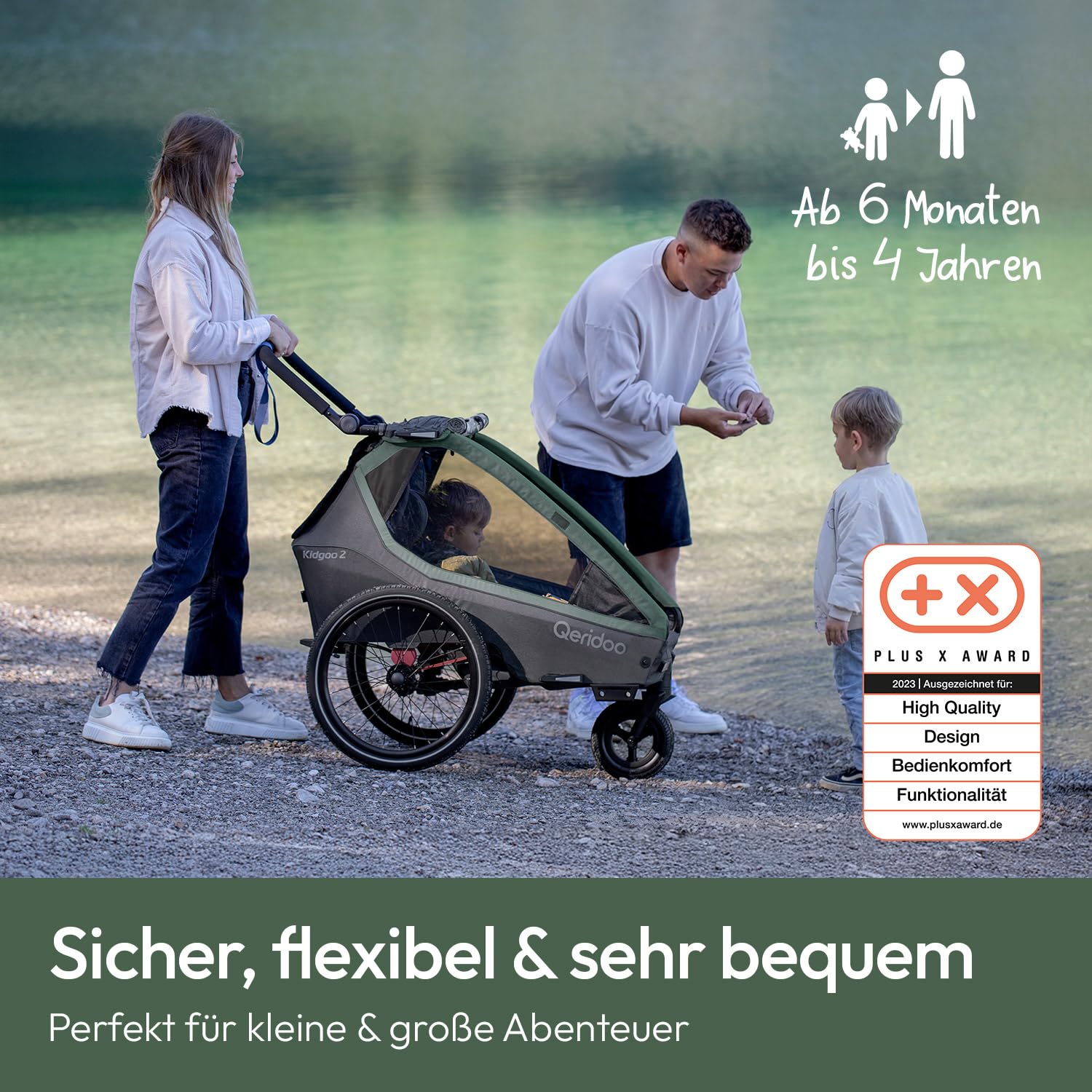 Qeridoo Kidgoo 2 Ivy Green Remorque de vélo pliable avec harnais à 5 points et système de fixation Easy-ARS pour 2 enfants avec roue de poussette rotative à 360° et protections de tête brevetées