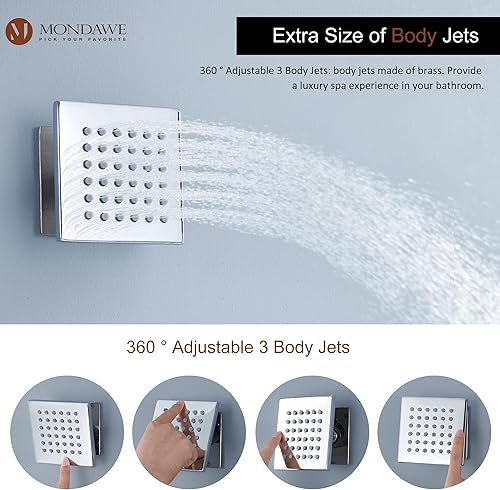 Miniatura 4 de MONDAWE Cabezal de ducha de techo con asa, sistema de ducha de cuerpo completo con 3 chorros, accesorios de ducha de cascada cuadrado para baño en
