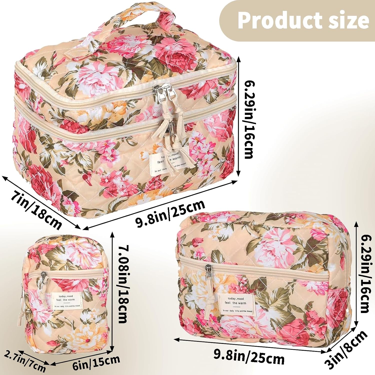 Vintage Floral Quilted Cotton Makeup Bag Set for Women and Girls (3-Piece) - Large, Medium & Small Cosmetic Organizers for Travel, Daily Use, Durable Zipper Pouches with Brush Compartments
