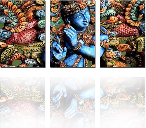 Miniatura 4 de Lienzo decorativo de pared para sala de estar, 3 piezas, estatua de madera del Señor Krishna, pinturas de cocina india, decoración de pared