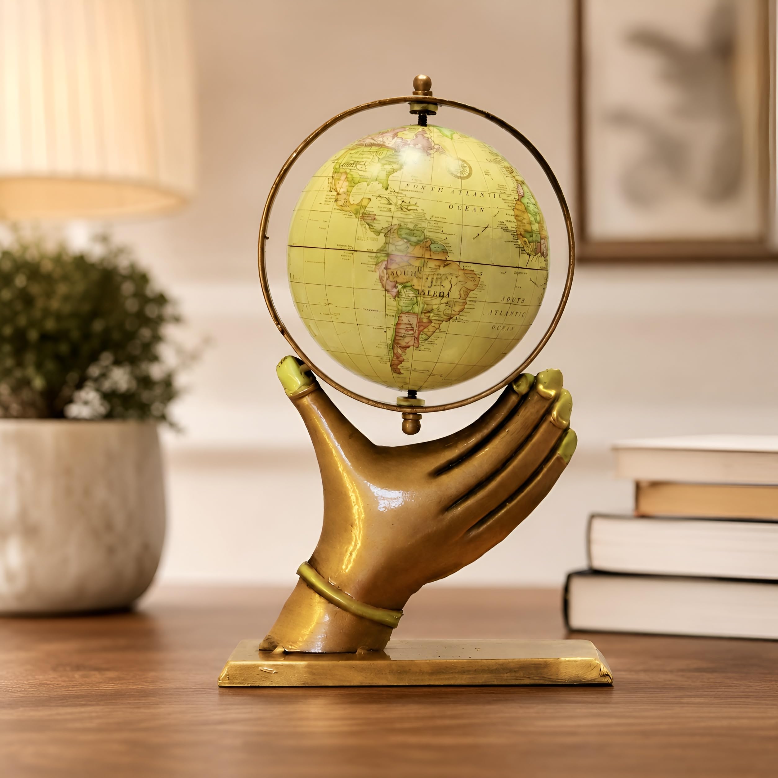 Desi Craft Decor Handcrafted Brown Metal Hand Globe Showpiece | Political Map, Vintage Rotating Decorative Tabletop for Home Decor, Office Desk & Study Table