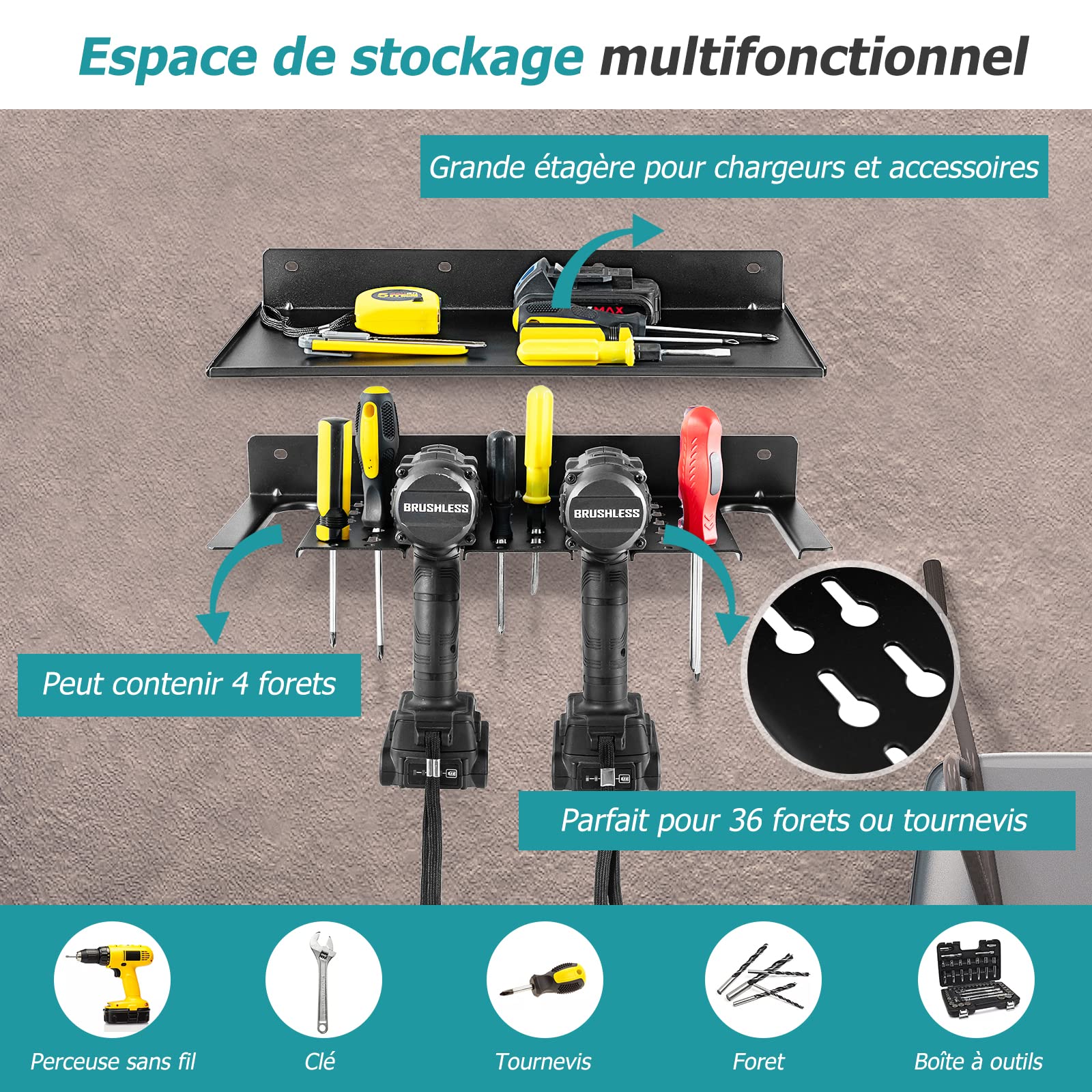 Mutool Organisateur Outils Électriques - Support Mural 4 Perceuses, Maille Anti-Chute, Étagère Garage Avec Porte-Tournevis Et Crochets (Noir)
