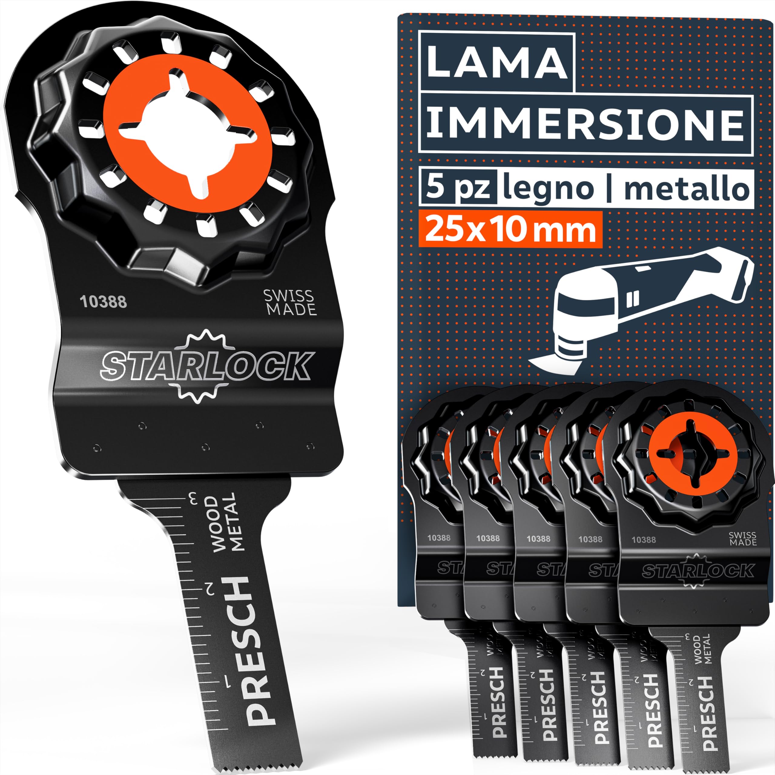 Presch Lame Multifunzione Legno e Metallo 25x10mm 5 pz. - Lame Starlock per sostituzione senza attrezzi - Taglio preciso con denti bimetallici e forma sfalsata - Accessori multiutensile professionale