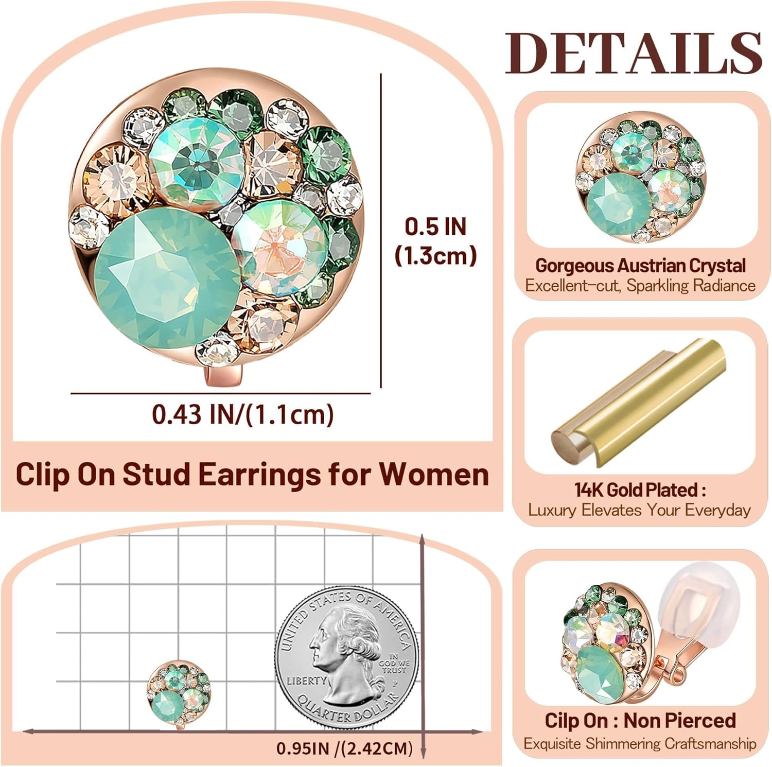 EVEVIC Austrian Crystal Multicolored Cilp On Earrings for Women 14K Gold Plated Non Pierced for Sensitive Ears Jewelry Gifts - Image 6