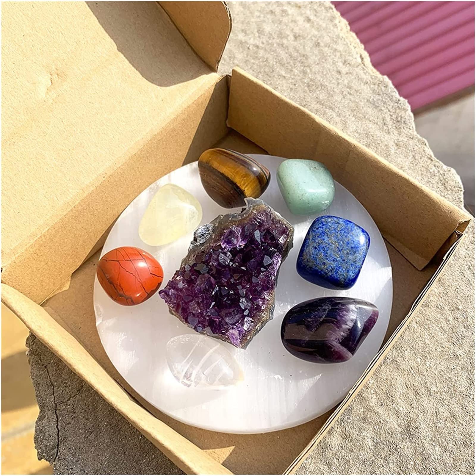Minerales Piedras 1 Set Natural Gemstone Seven Chakra Amethyst Cluster Selenit Set Polised Reiki Healing Crystal Decoration Crystal Stones Decoración