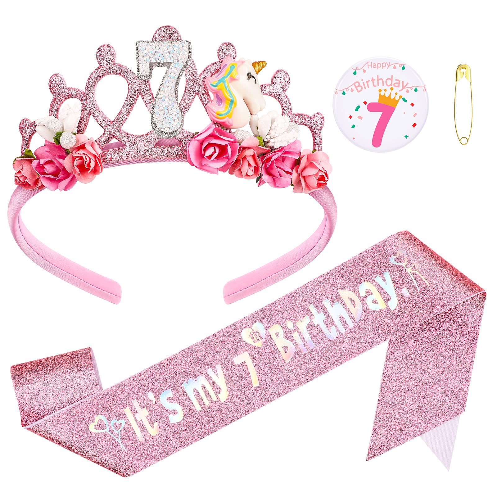 GSrenyu 7th Birthday Decorations for Girls,Headband Glitter Sash and Badge Set for 7 Year Old Girls Birthday Decorations,Unicorn Flower Princess Crown Headband