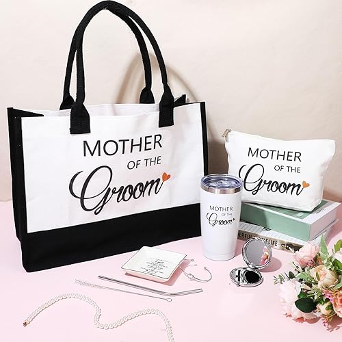 Miniatura 7 de 6 piezas de regalos de boda para la madre del novio, incluyendo vaso de 20 onzas, bolsa de maquillaje, bandeja de cerámica para joyas, pulsera