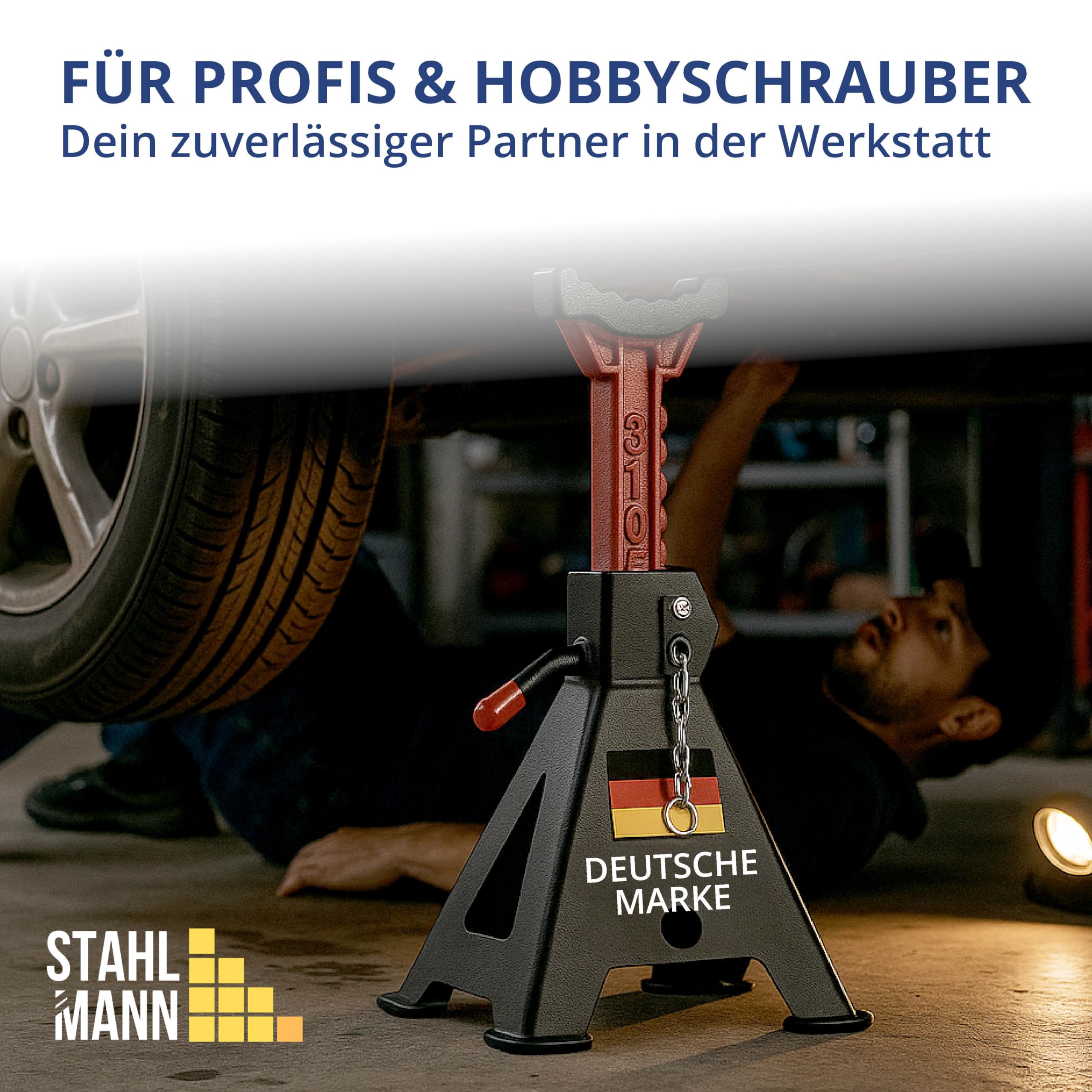 Stahlmann® Unterstellbock 3T Tragkraft im 2er Set – Höhenverstellbar 28–42,5 cm mit Sicherungssplint – Robuste Gusseisen Wagenheber Stützböcke für PKW, SUV & Kleintransporter (4 Stück / 6 Tonnen)