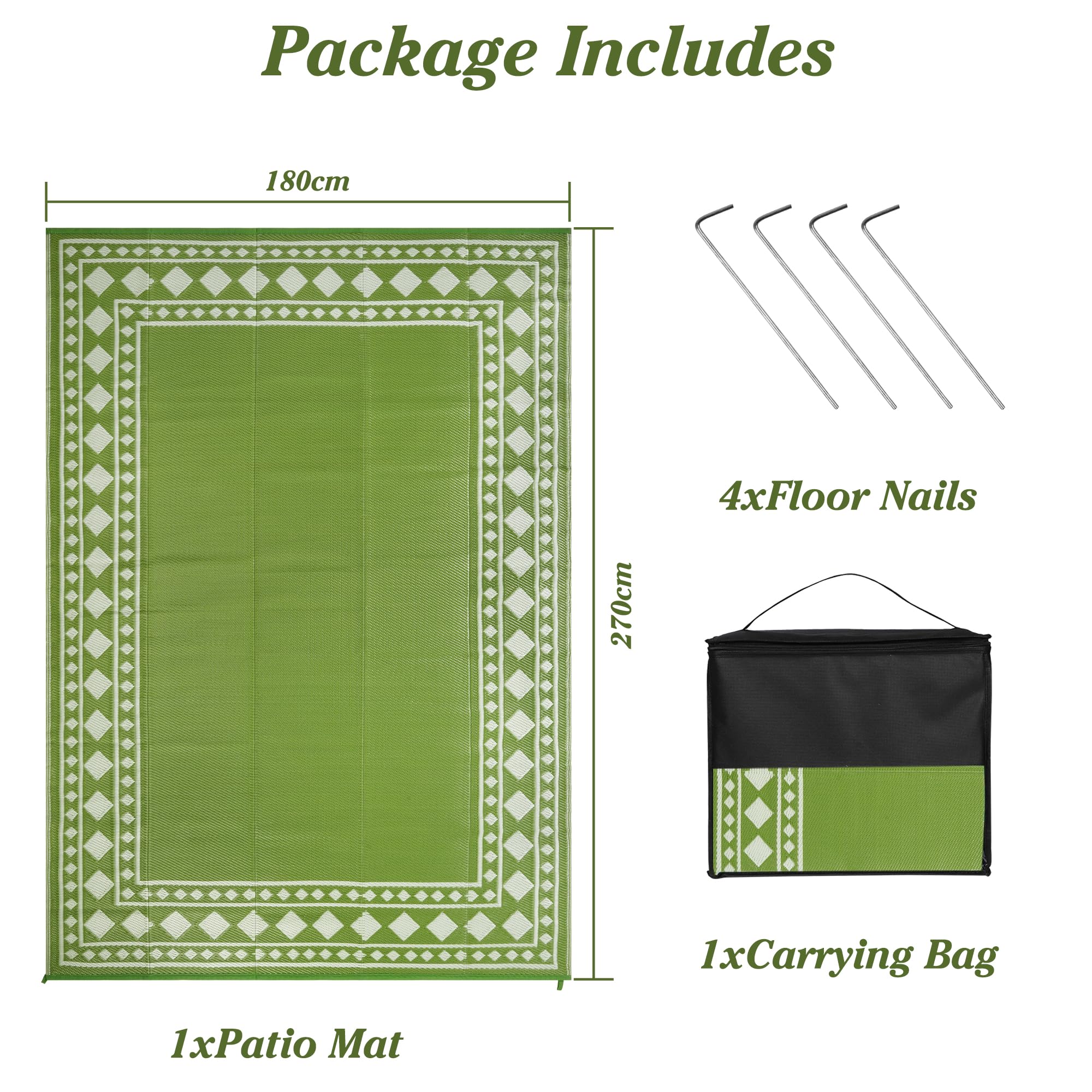 Homcomodar Tappeto da esterno resistente agli agenti atmosferici 180x270 cm reversibile impermeabile plastica per campeggio terrazzo giardino